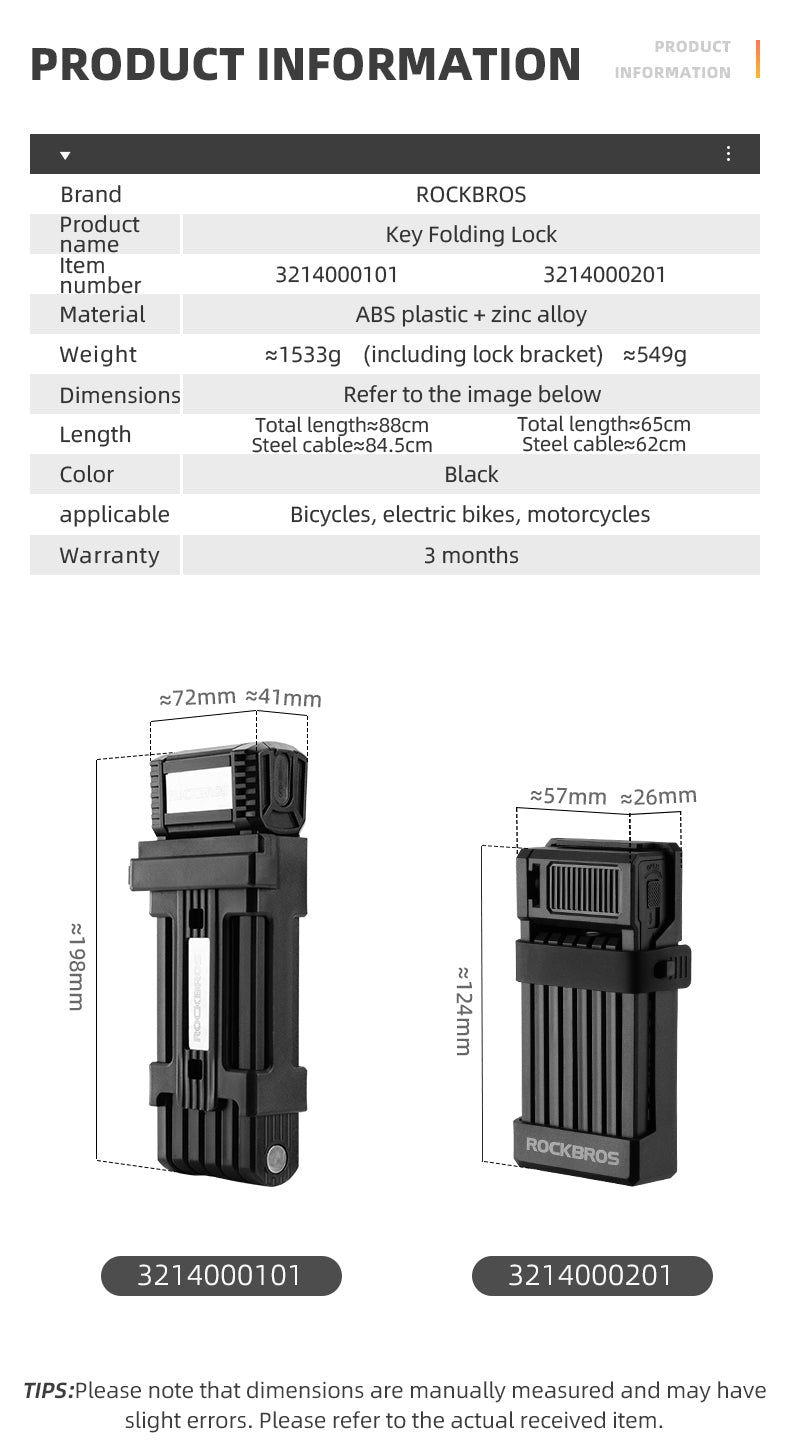 ROCKBROS MTB Road Bike Lock Key Folding Lock E-Bike Motorcycle Steel Lock Portable Antirust Anti-theft - ROCKBROSUSA