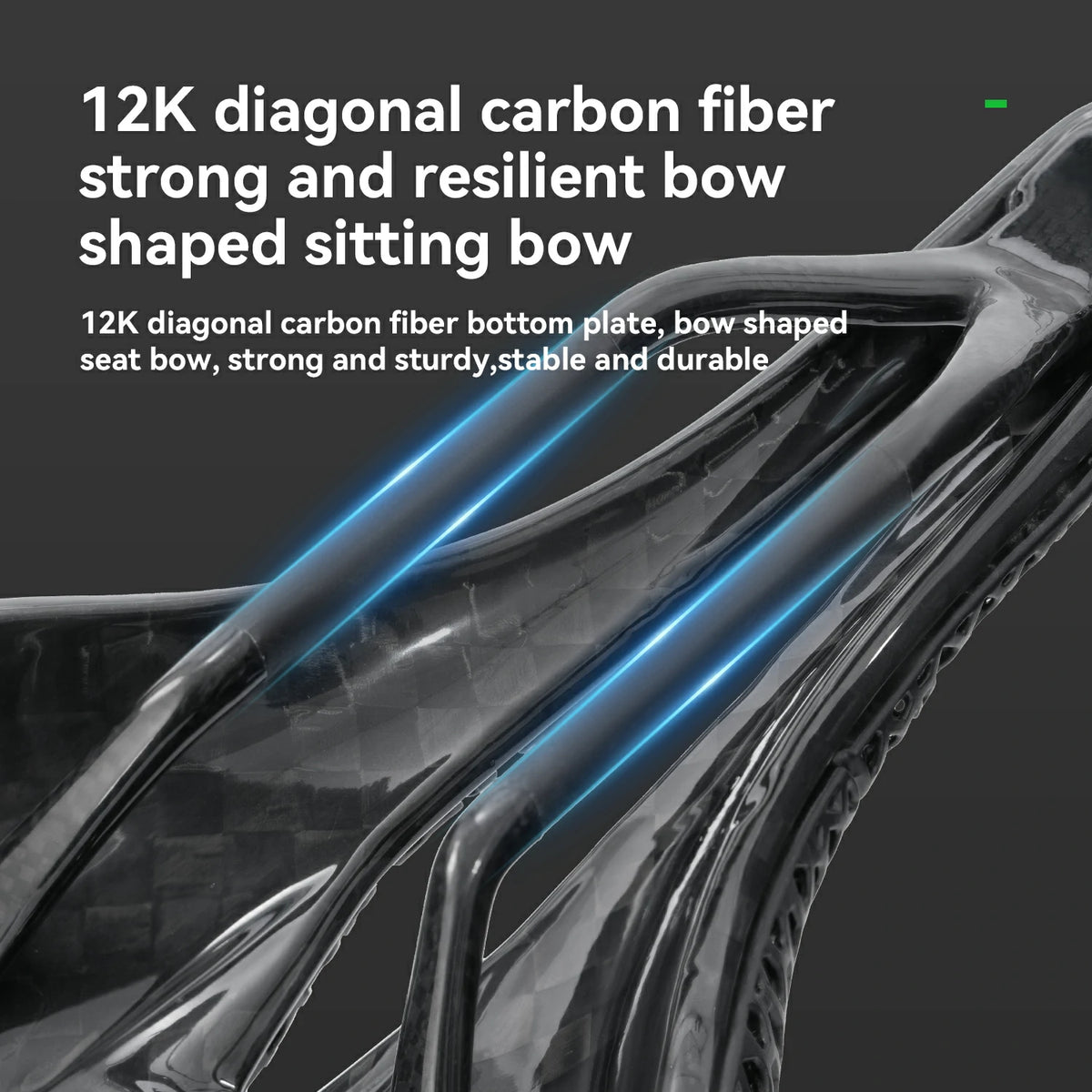 Carbon fiber component with text describing its features on a dark background