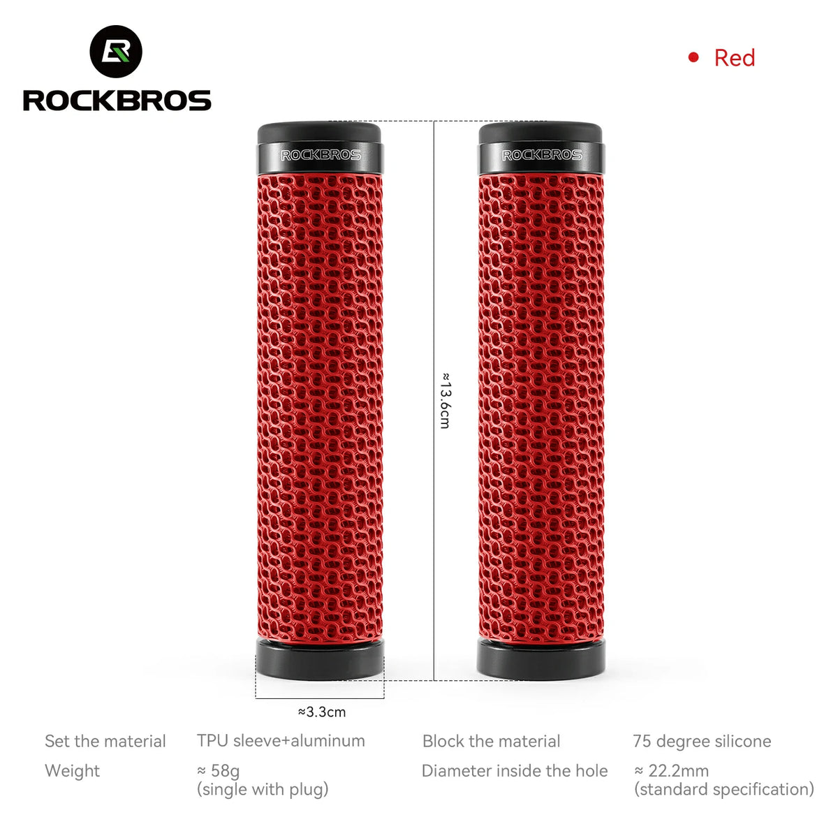 handlebar grips #Color_Red	ROCKBROS red 3D printed bike grips, 22.2 mm handlebar fit #Color_Red