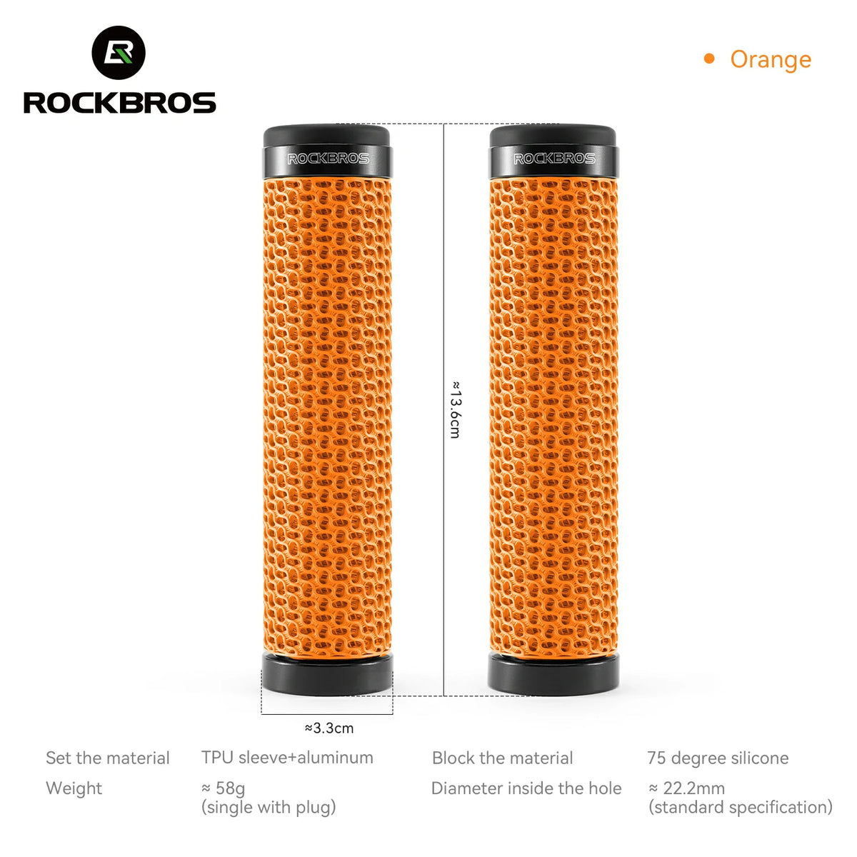 ROCKBROS orange 3D printed bike grips, 22.2 mm handlebar fit #Color_Orange