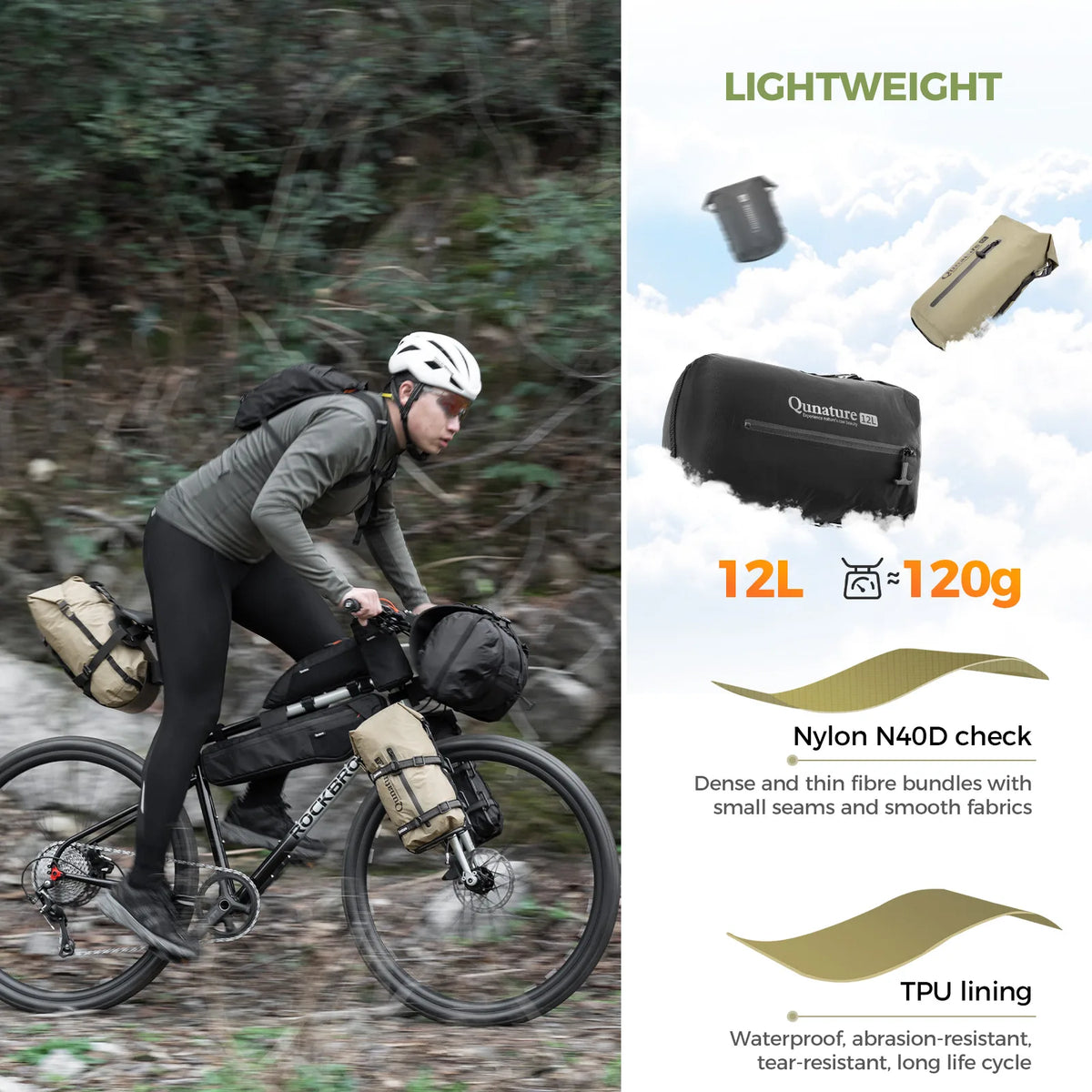 Person cycling with backpacks on a forest path, featuring Qunature bags with specifications.