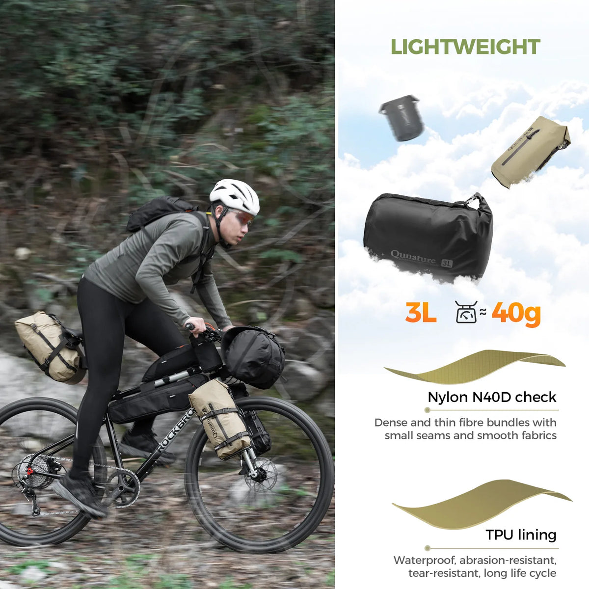 Person cycling with backpacks on a trail, alongside product images and text about a 3L bag's features.