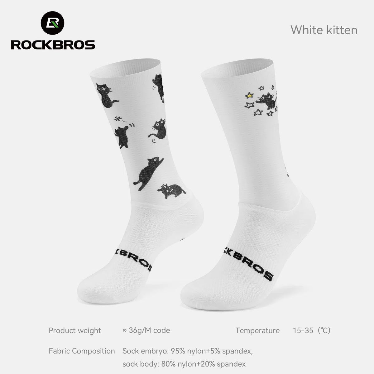 A pair of white crew socks with black cat illustrations and the ROCKBROS logo, shown on a light gray background with product details text. #Color_cat