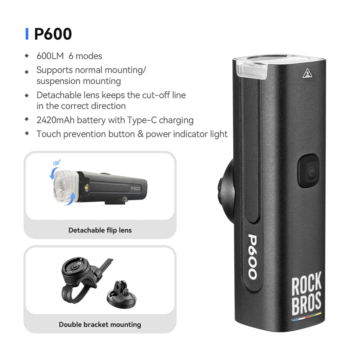 RockBros P600 flashlight with features listed on a white background #size_600LM