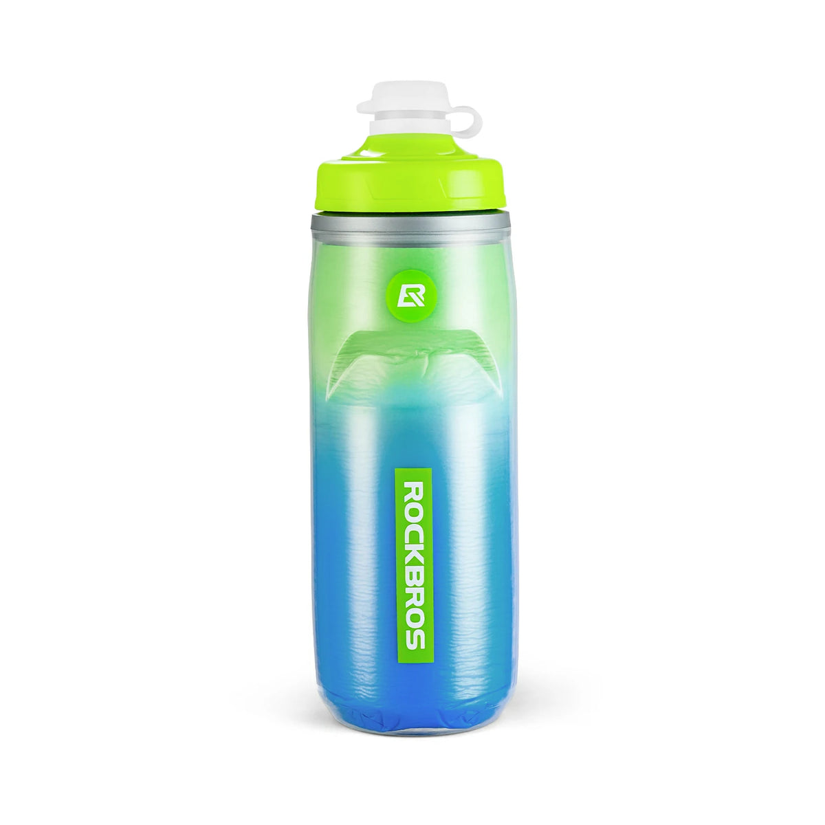 Blue and green water bottle with a white cap on a white background, featuring the RockBros brand. #Color_Green