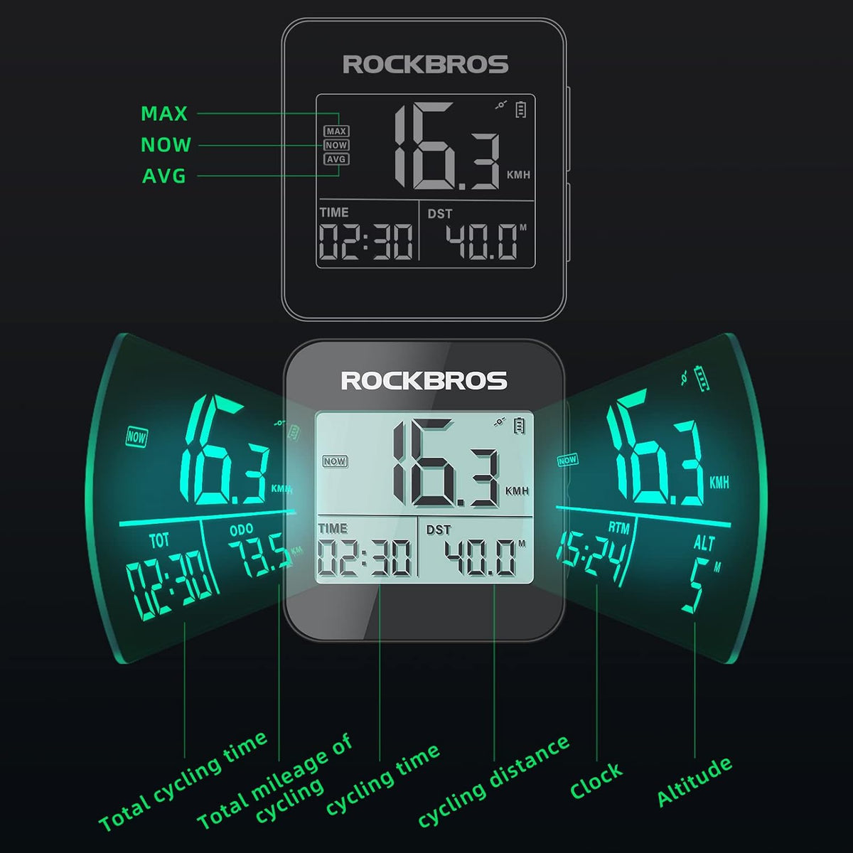ROCKBROS GPS Bike Computer Accurate Wireless Speedometer with Backlight - ROCKBROS