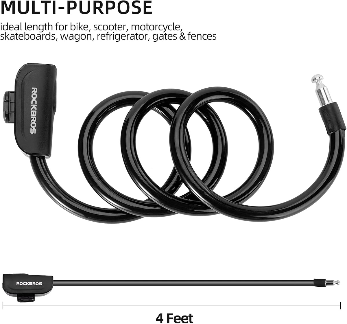 ROCKBROS 4ft Bike Cable Lock - Secure, Lightweight with Mounting Bracket - ROCKBROS