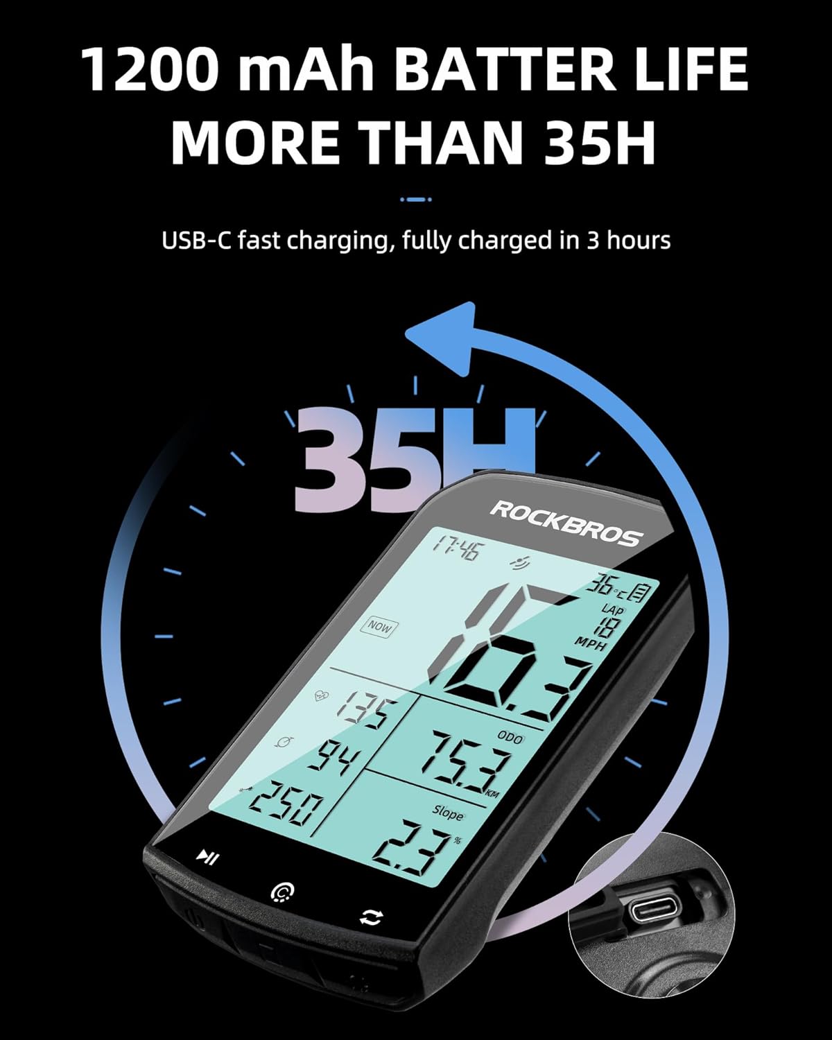 ROCKBROS M1 Wireless Bike Computer GPS 2.9-inch LCD Waterproof Fast Charging - ROCKBROS