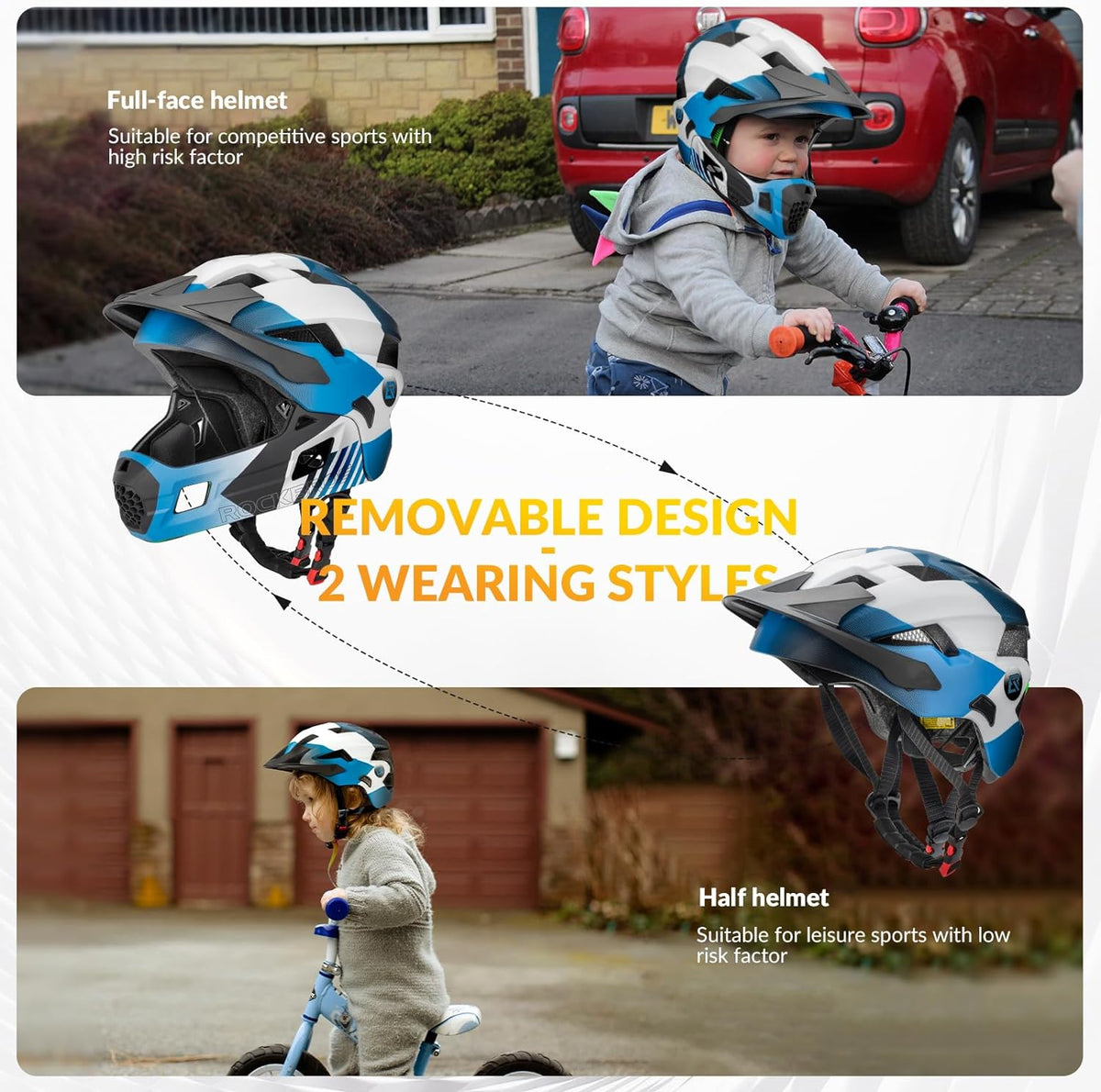 ROCKBROS Kids Full Face Bike Helmet Ages 5-14 Anti-Collision Detachable Chin - ROCKBROS