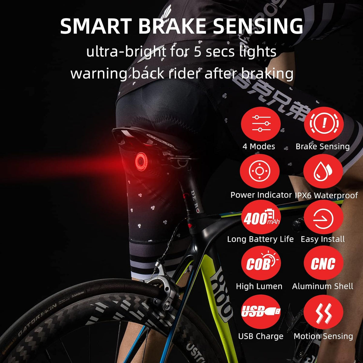ROCKBROS Bike Tail Light Smart USB Rechargeable IPX6 Waterproof - ROCKBROS