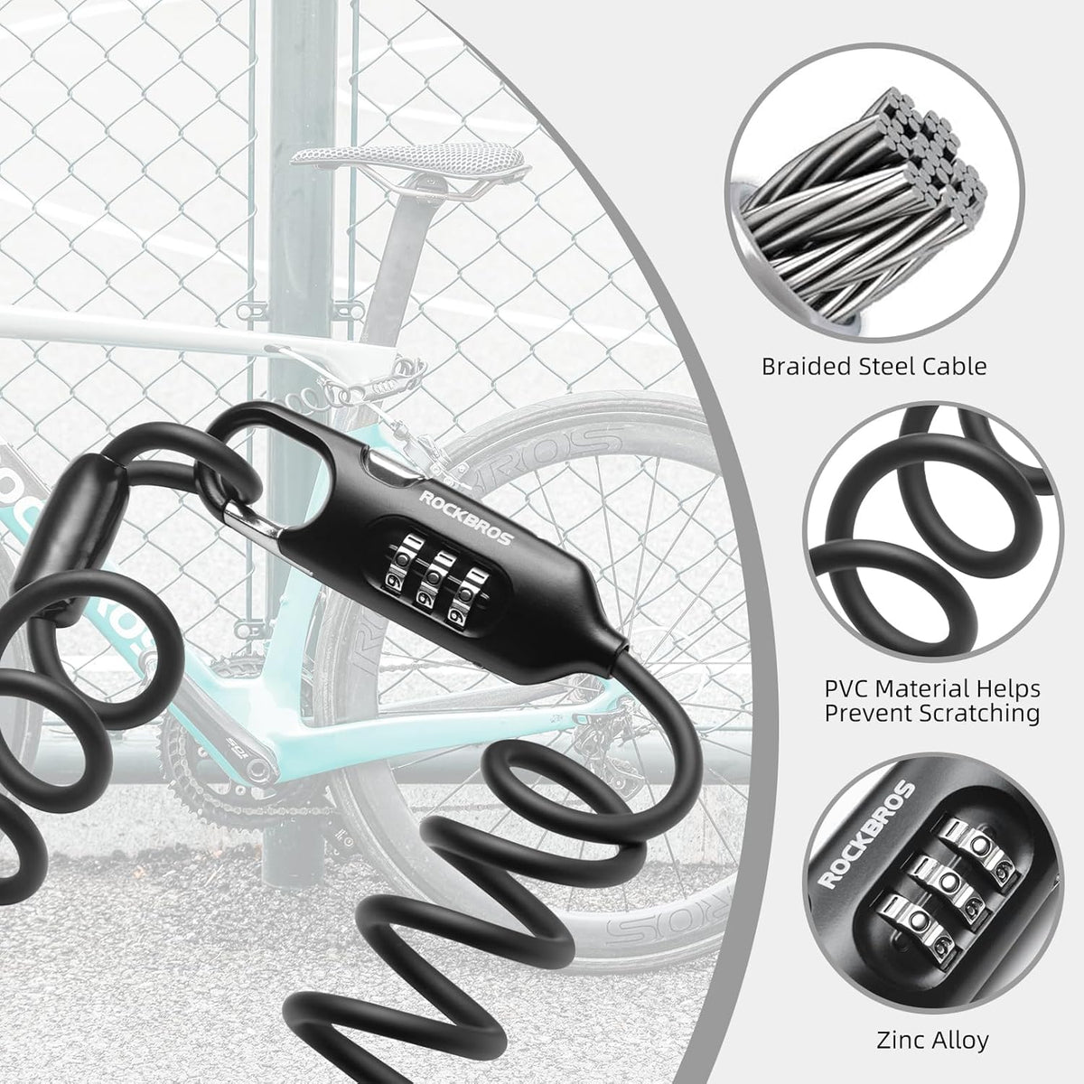 ROCKBROS Bike Lock Cable Combination Bicycle Lock - 6FT Long, Portable, Anti-Theft - ROCKBROS