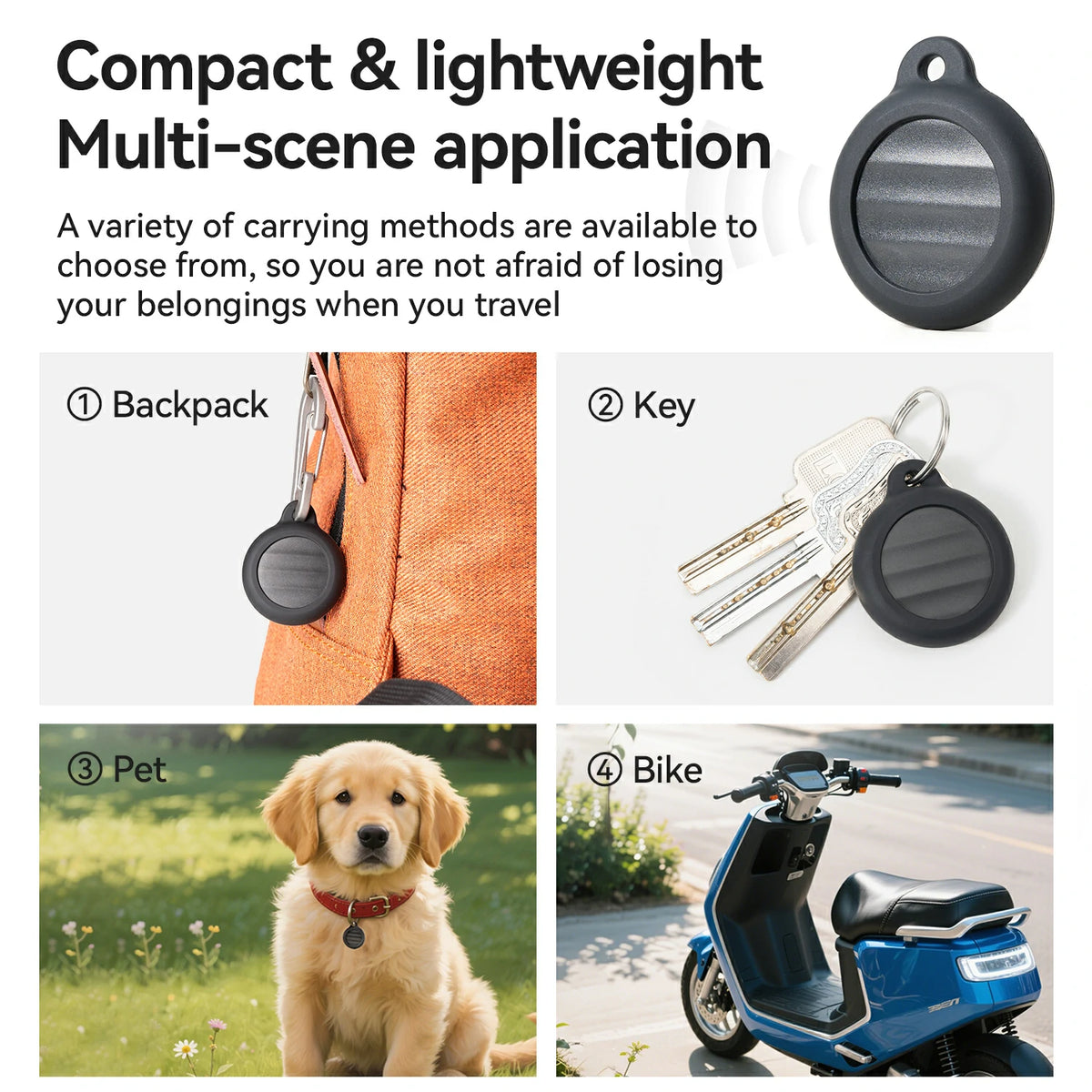 Product advertisement showing a compact and lightweight device used with backpack, keys, pet collar, and bike.