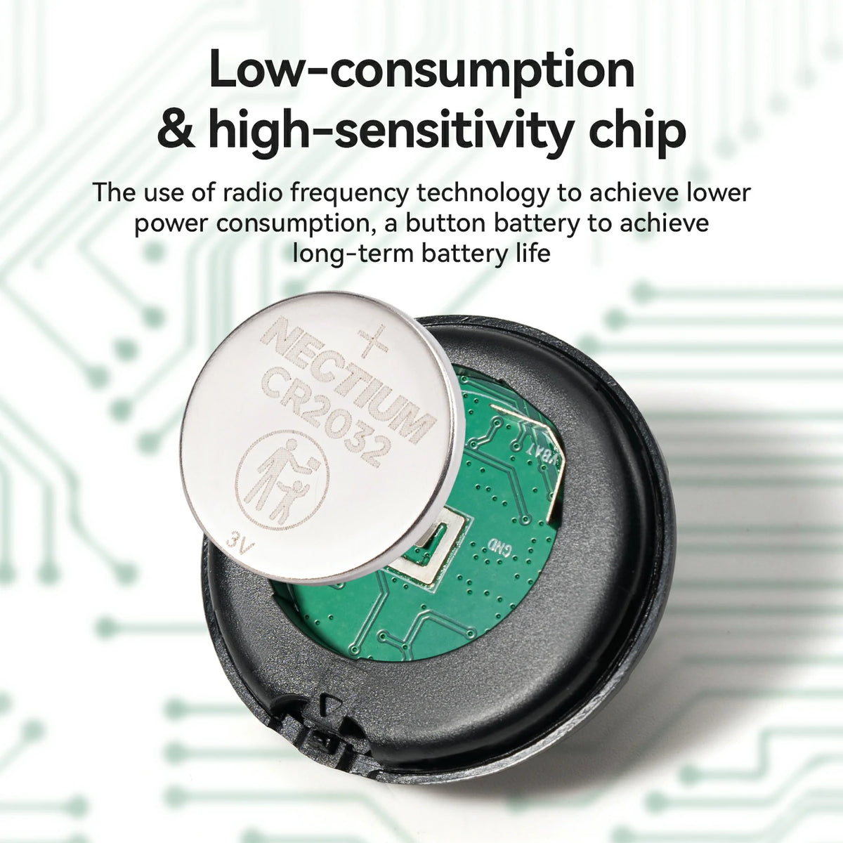 Low-consumption high-sensitivity chip with circuitry and battery on a blurred electronic background
