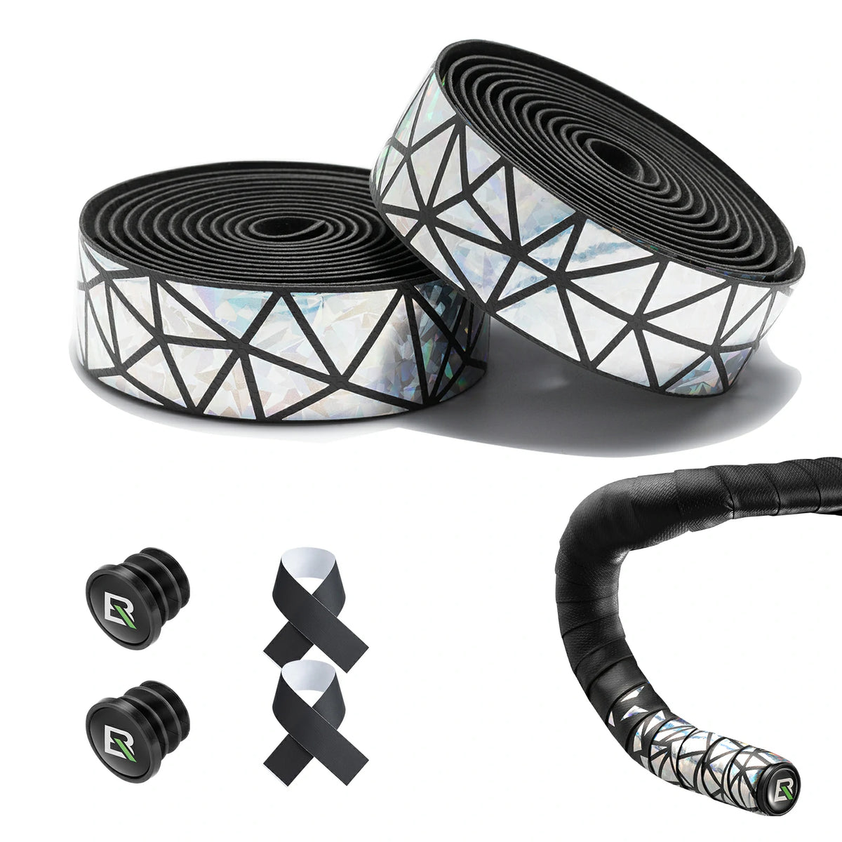 Bicycle handlebar tape and matching grips shown on a white background, including two rolls of black-and-white geometric tape, a wrapped handlebar section, two black grip plugs, and two black-and-white ribbons. #Color_Silver