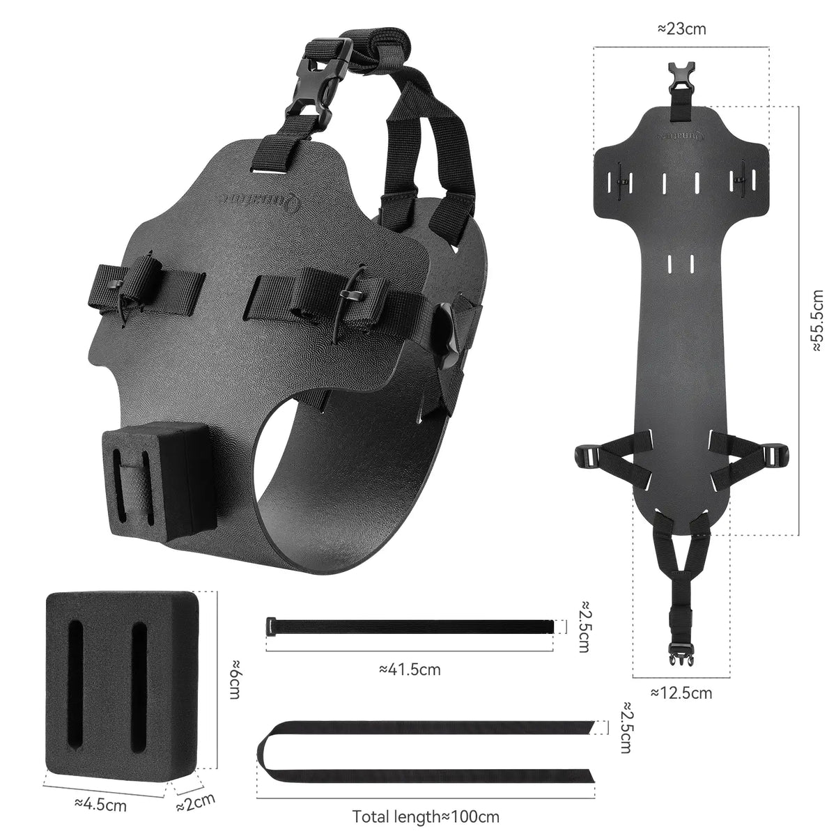 Black dog muzzle with measurement details on a white background