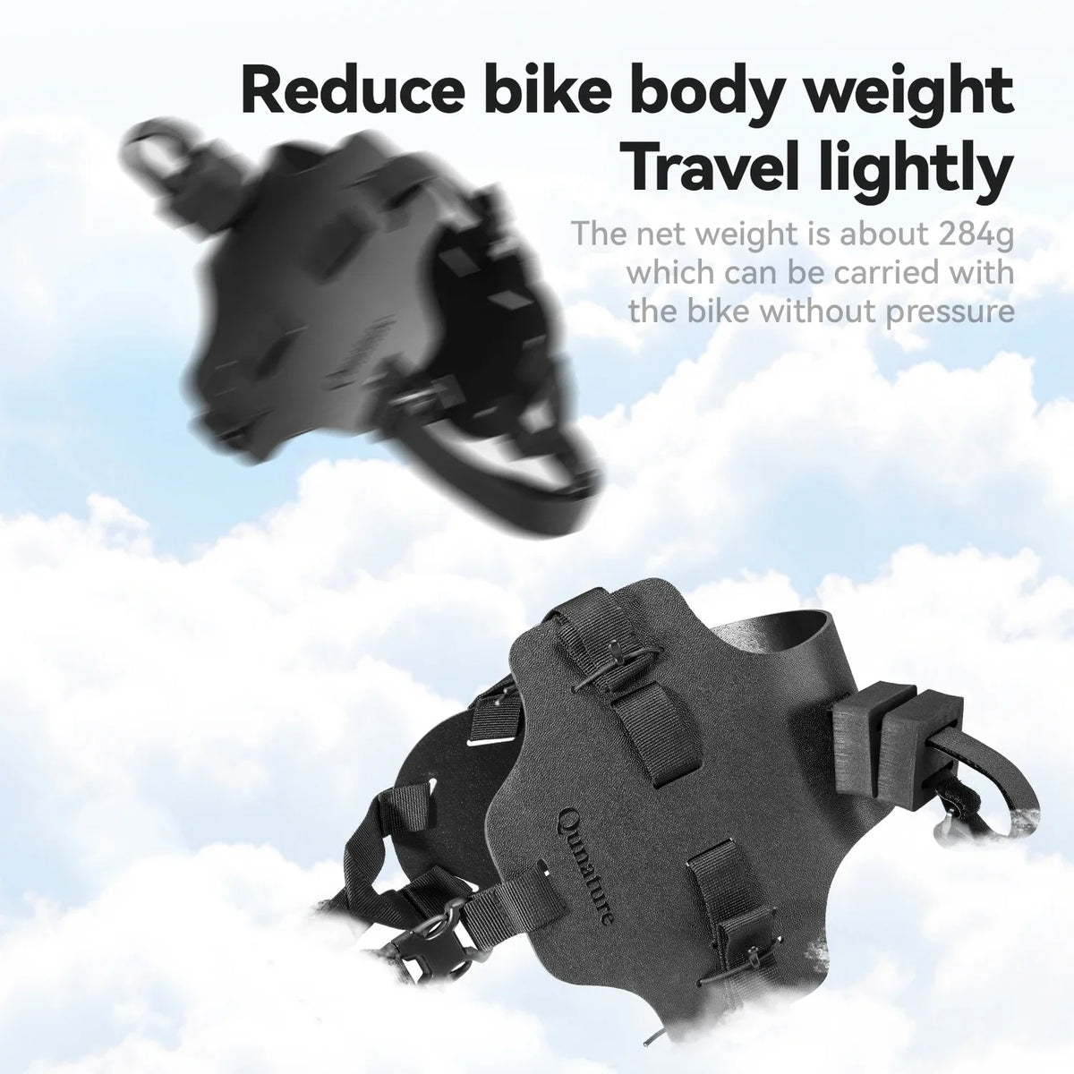 Black bike cargo holder with text on a cloudy sky background