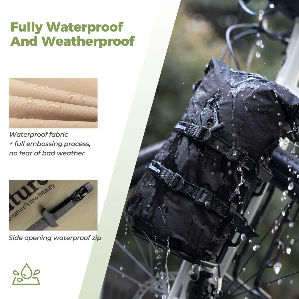 Black waterproof bag with raindrops on a bicycle, highlighting its weatherproof design.