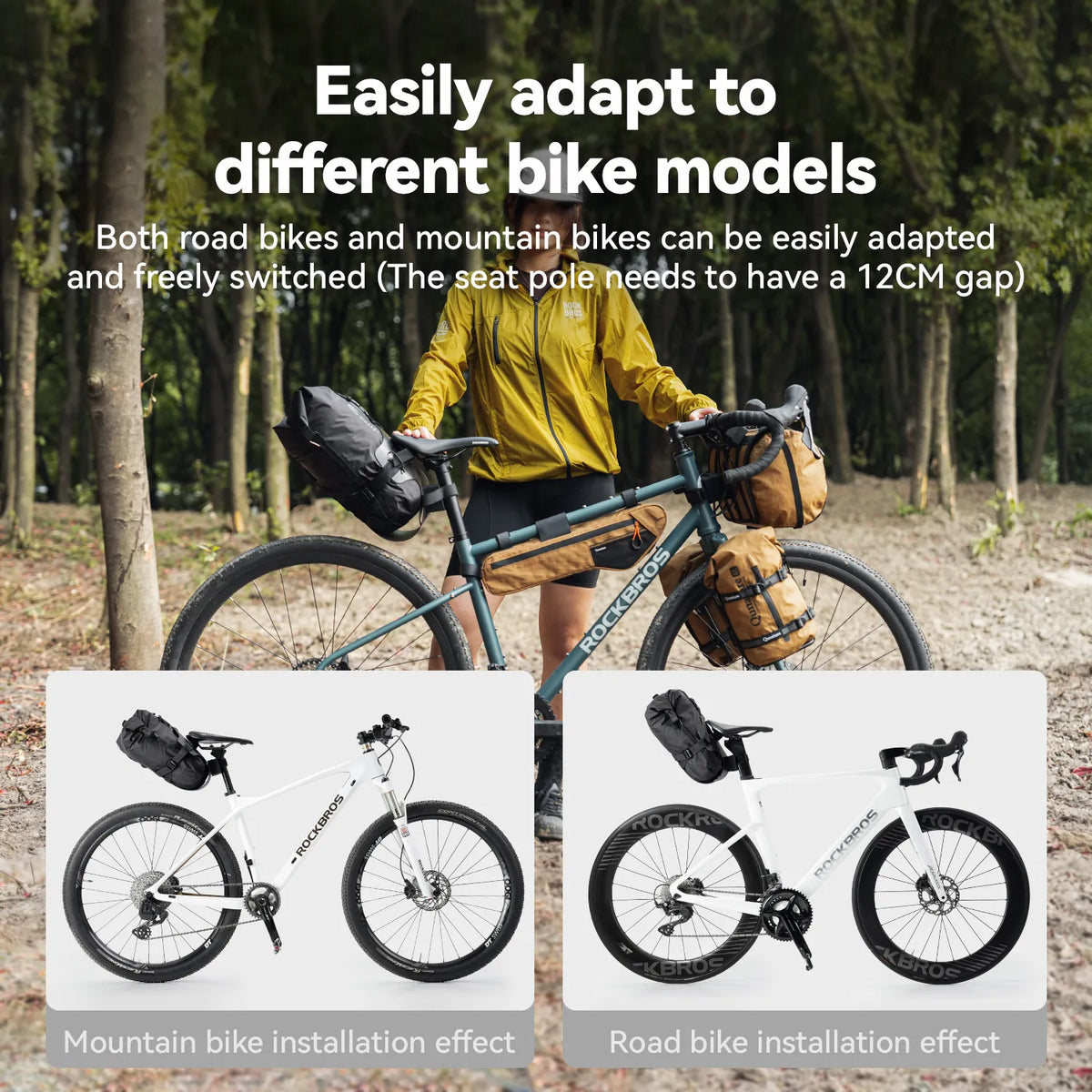 Person with a bike in a forest setting with text about bike model adaptability.