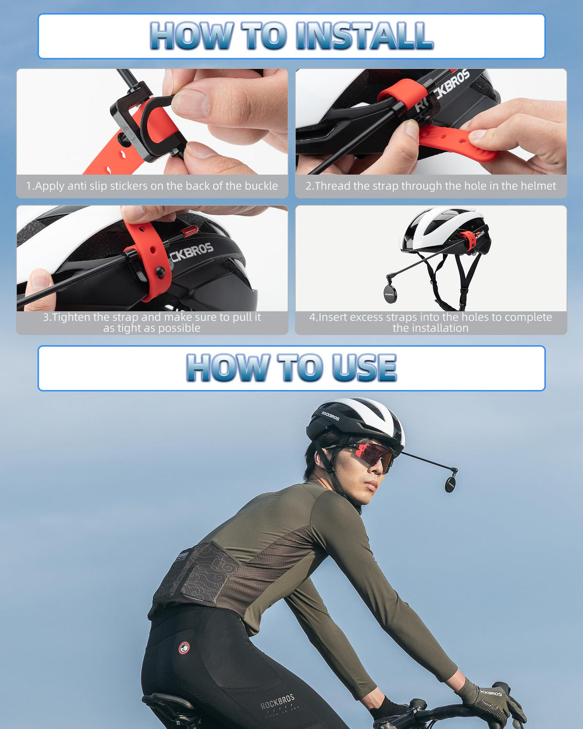 ROCKBROS Bike Helmet Mirror Detachable Fixing Way ycling Mirror - ROCKBROS
