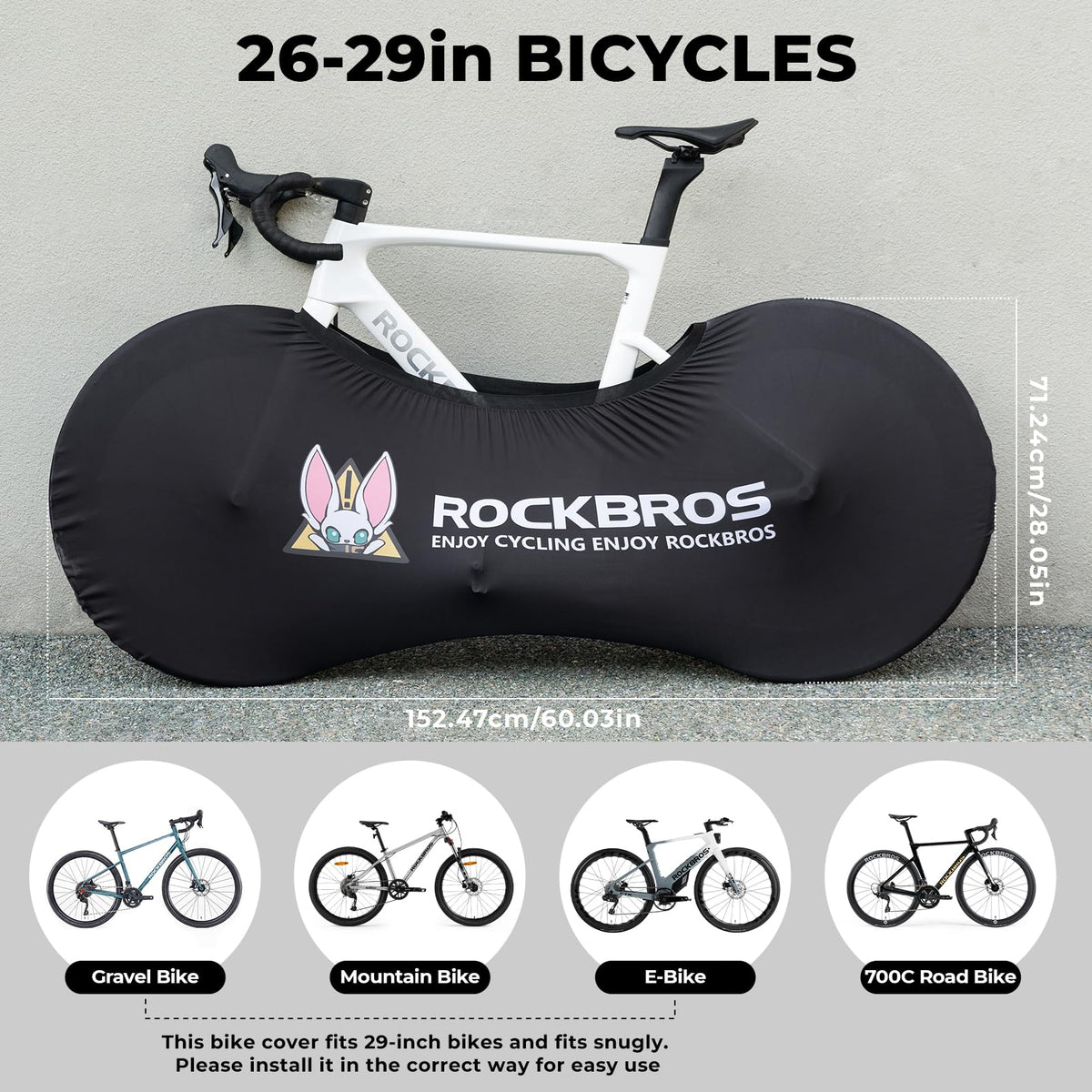 Black bicycle cover with RockBros branding and bike size information on a gray background #Color_Black Rabbit