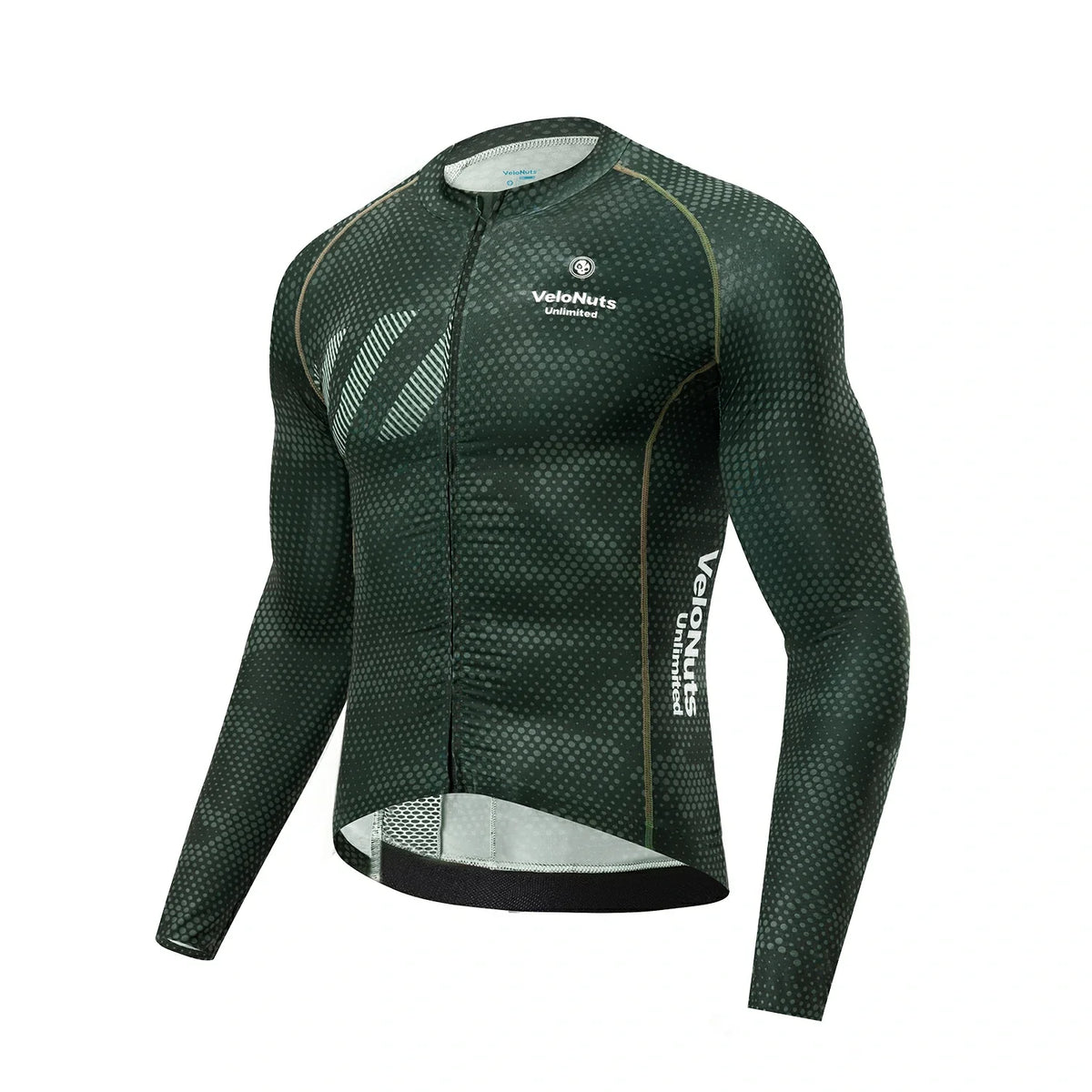 Green cycling jersey with 'VeloNuts' branding on a white background  #color_green