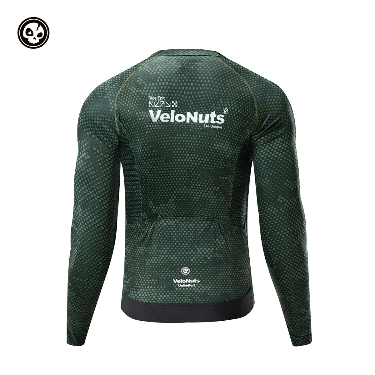 Green long-sleeve athletic shirt with 'VeloNuts' branding on a white background #color_green