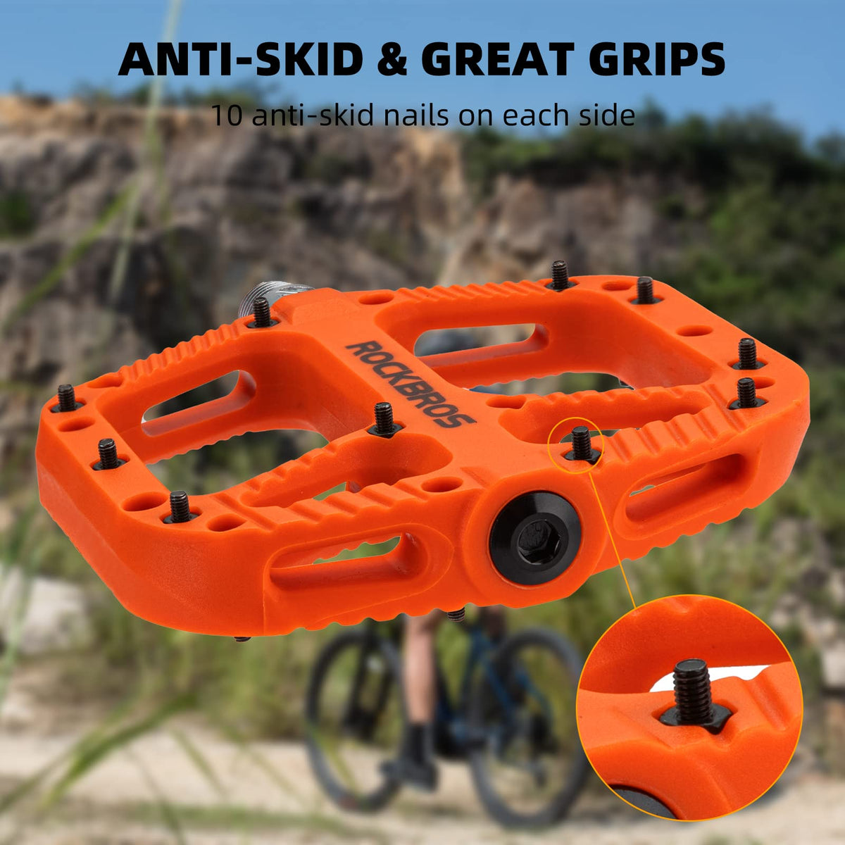 ROCKBROS Mountain Bike Pedals Nylon Composite Bearing 9/16" MTB Bicycle Pedals with Wide Flat Platform - ROCKBROS