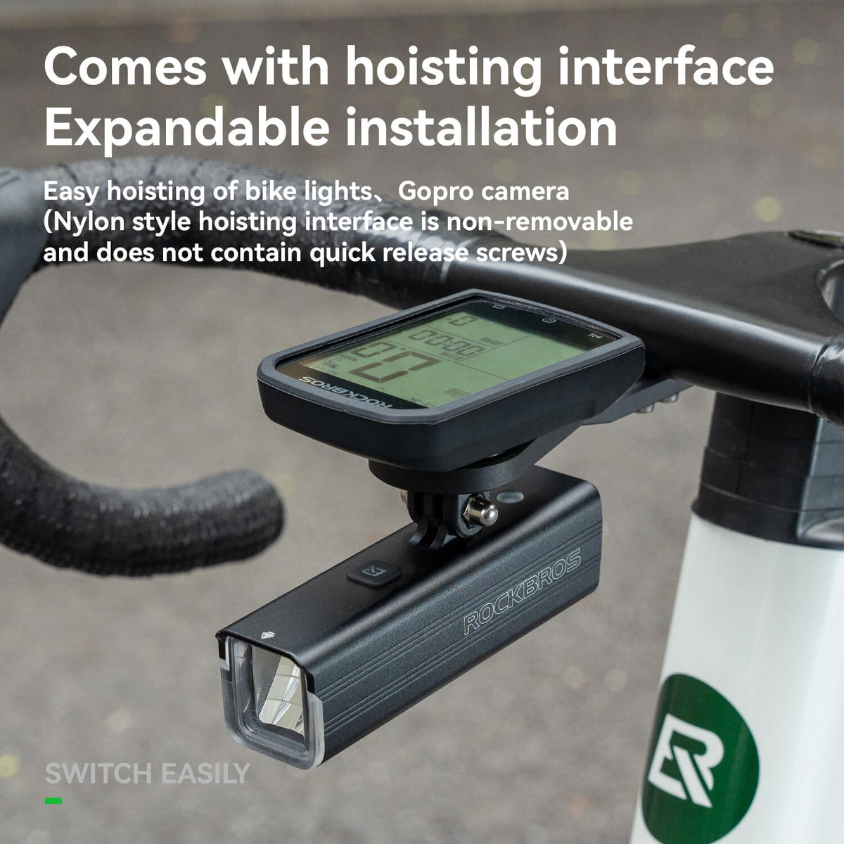 ROCKBROS Bicycle Computer Stand Handlebar Extension Bracket featuring versatile compatibility with bike computers and an integrated GoPro adapter for capturing cycling moments.