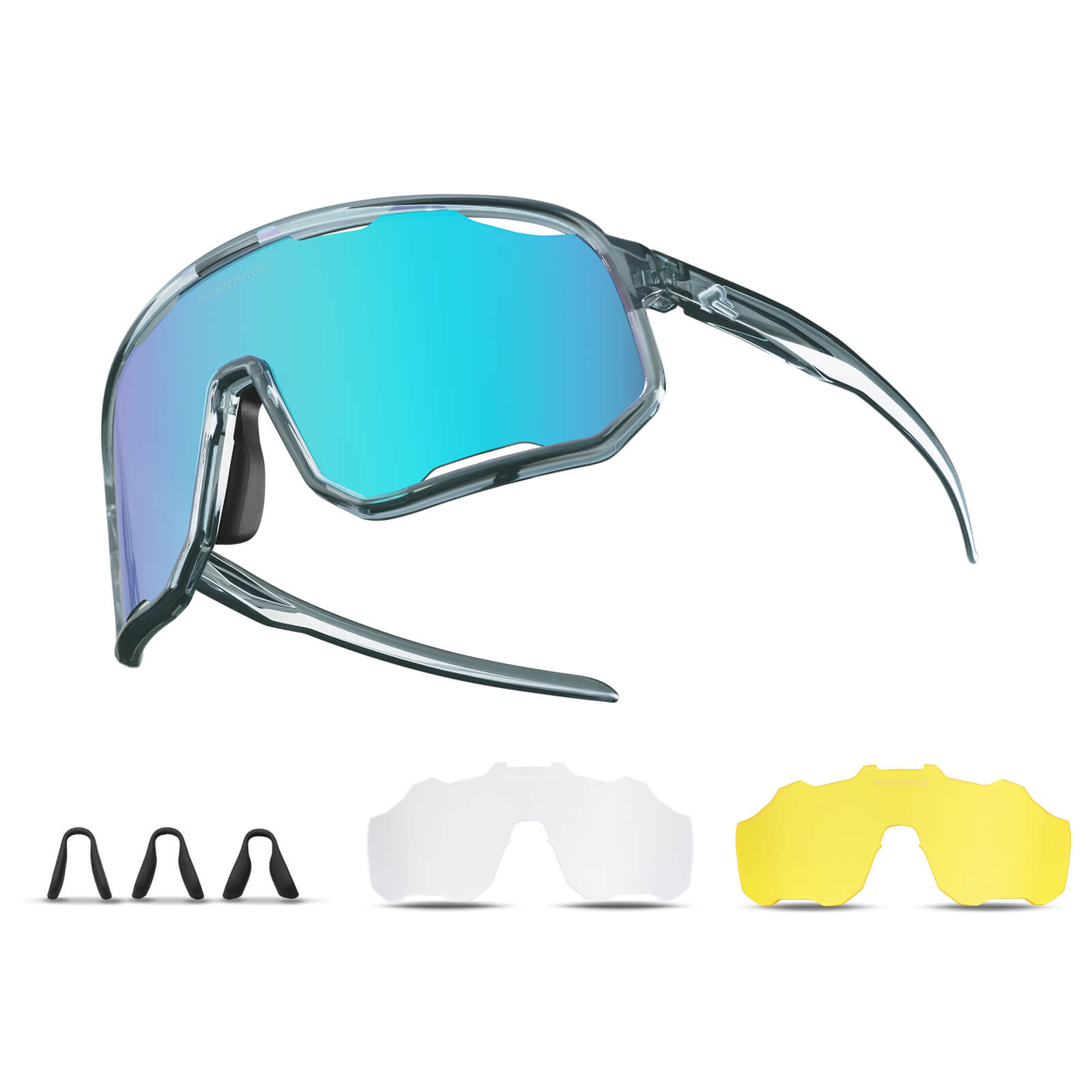 ROCKBROS polarized sunglasses, UV400 protection, transparent cycling glasses, windproof, TR90 frame, perfect for cycling and outdoor sports. #color_dark-gray-polarized-pink-purple