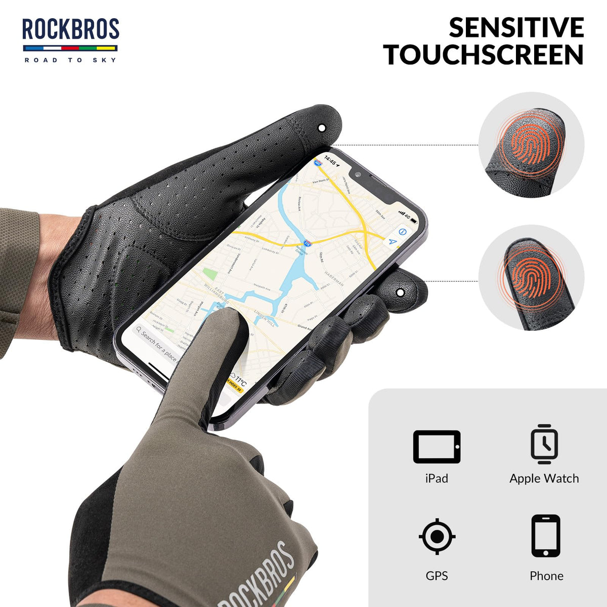 ROCKBROS Road-to-Sky Spring Summer Cycling Gloves Full Finger Touch Screen #Color_Grass Green