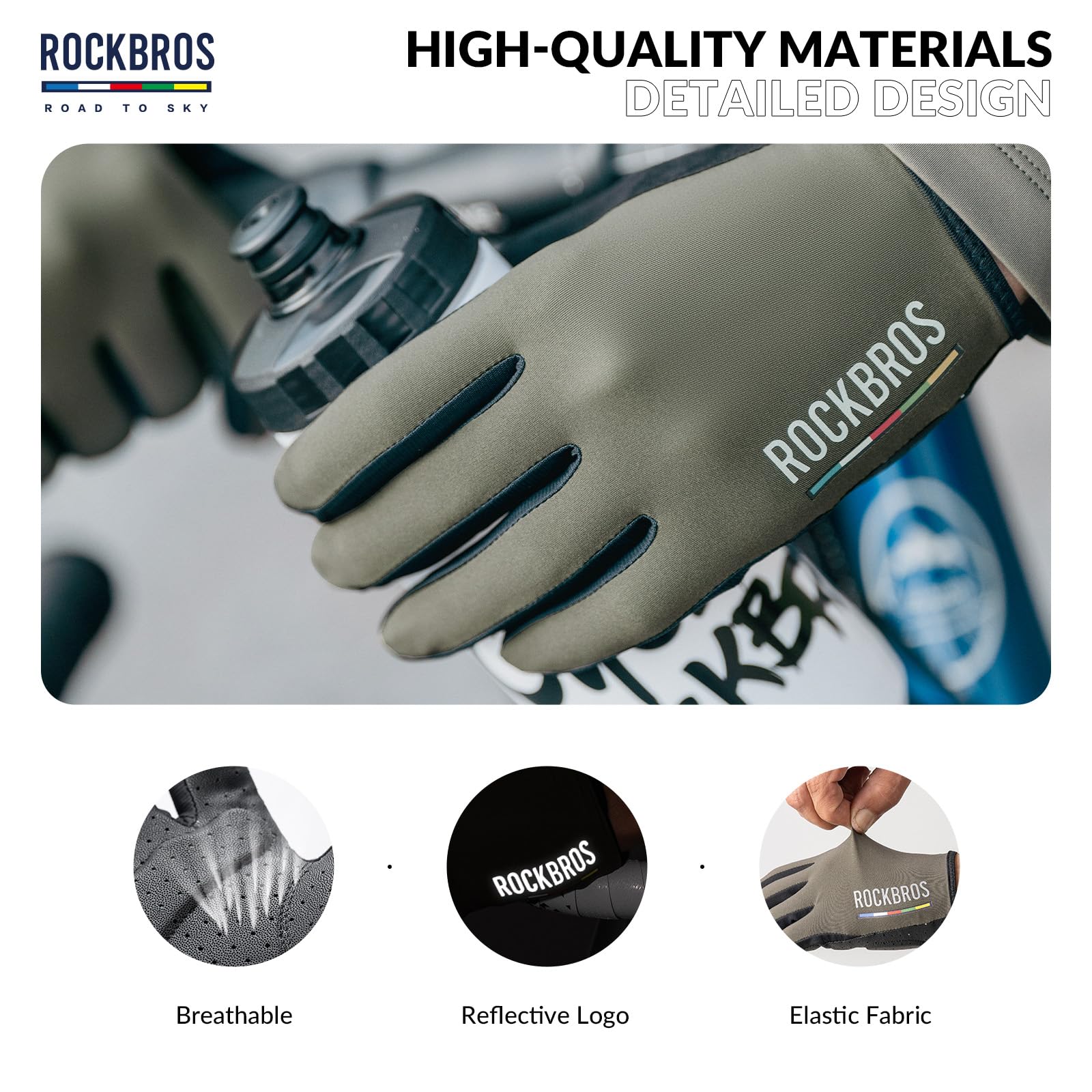 ROCKBROS Road-to-Sky Spring Summer Cycling Gloves Full Finger Touch Screen #Color_Grass Green