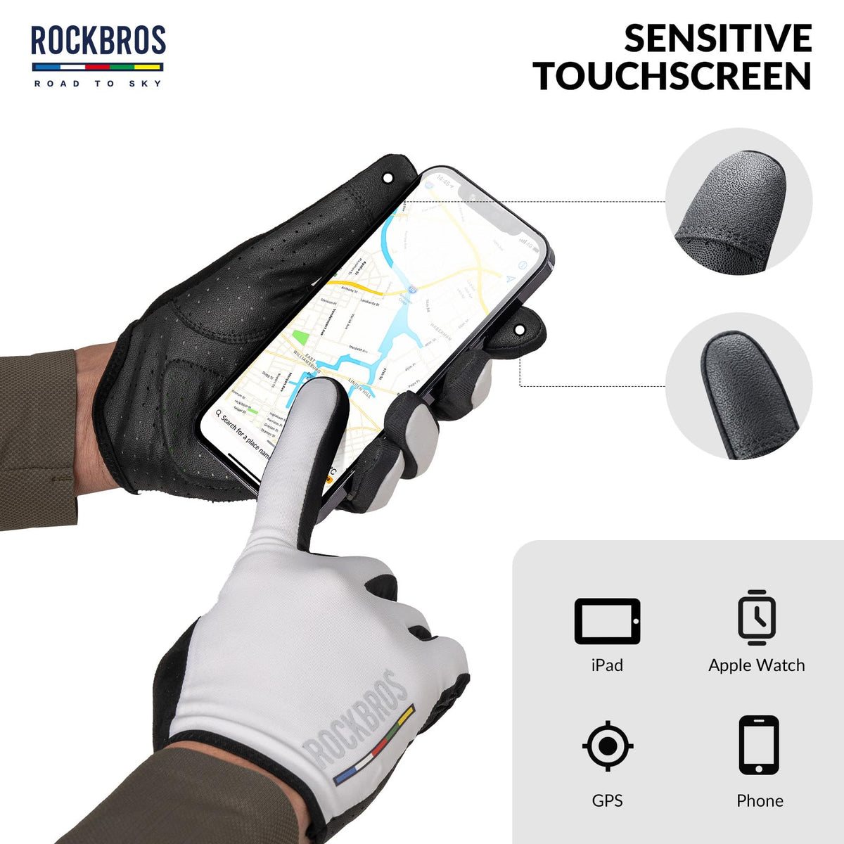 ROCKBROS Road-to-Sky Spring Summer Cycling Gloves Full Finger Touch Screen #Color_White
