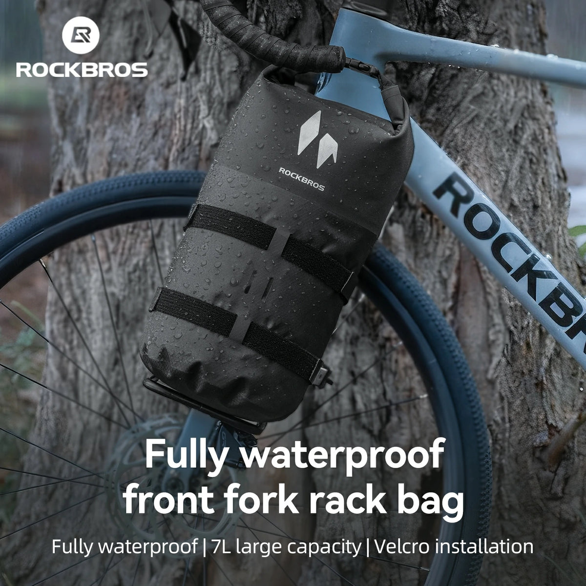 RideMate front fork rack bag showing roll-top closure.