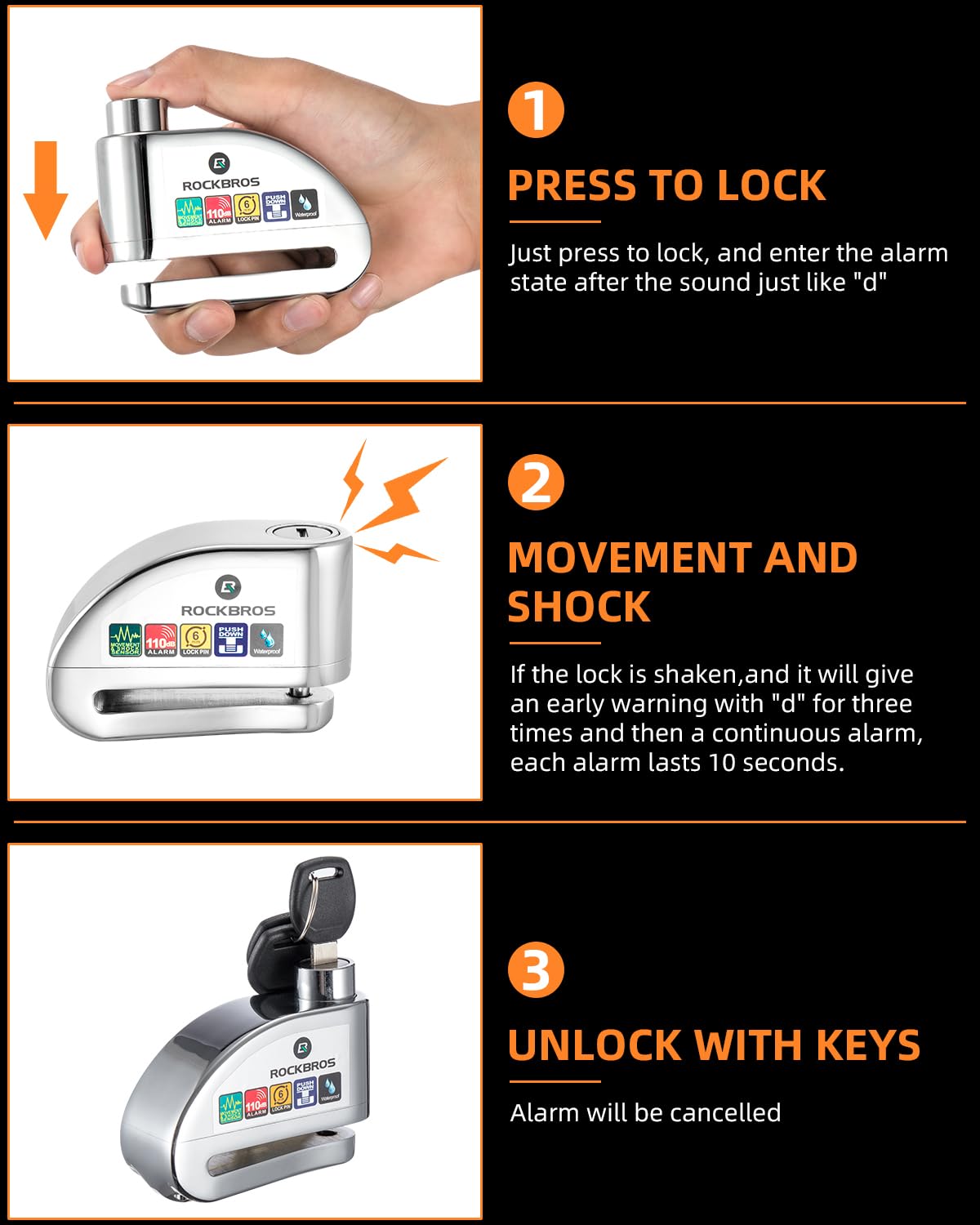 ROCKBROS Disc Brake Lock Motorcycle Alarm Lock Anti-Theft 110db Motorcycle Lock with Reminder Cable Disc Brake vehicle - ROCKBROS