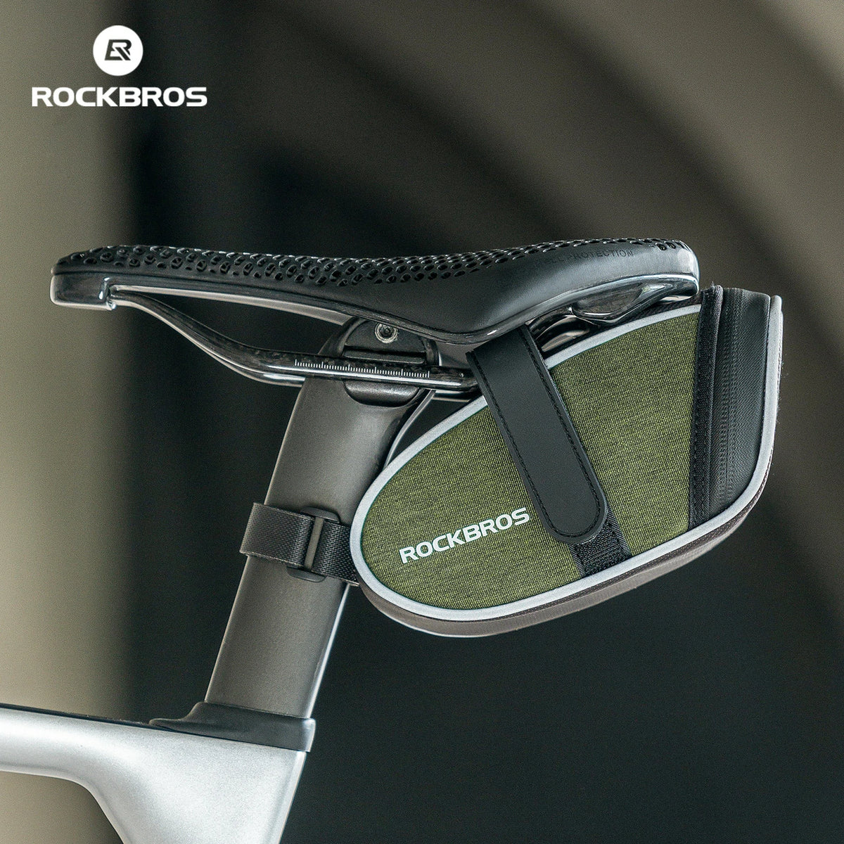 Bicycle seat with a green storage bag attached, featuring the RockBros brand. #color_Strap Version