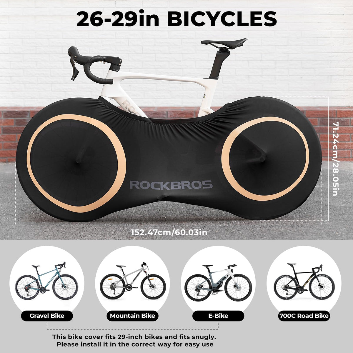 Black bicycle cover with measurements and bike type illustrations on a gray background #Color_Yellow Circle