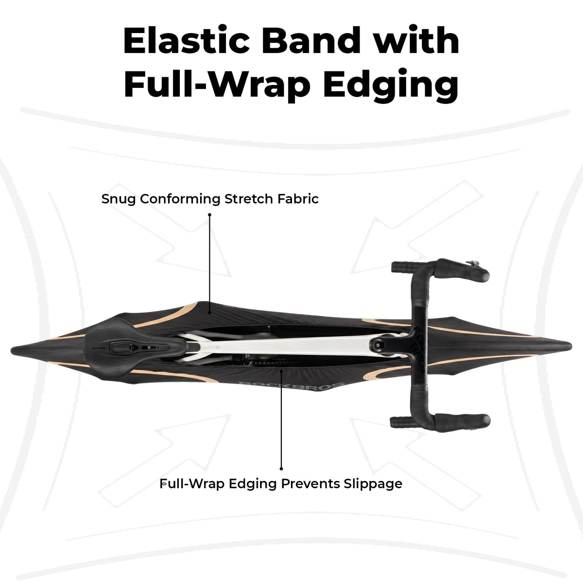 Diagram of a bow with text describing features like elastic band, full-wrap edging, and snug conforming stretch fabric. #Color_Black