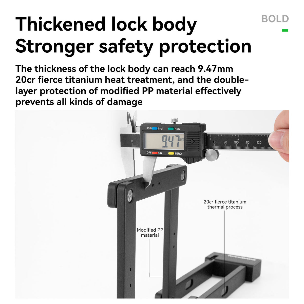Digital caliper measuring a lock body with text about thickness and safety protection.