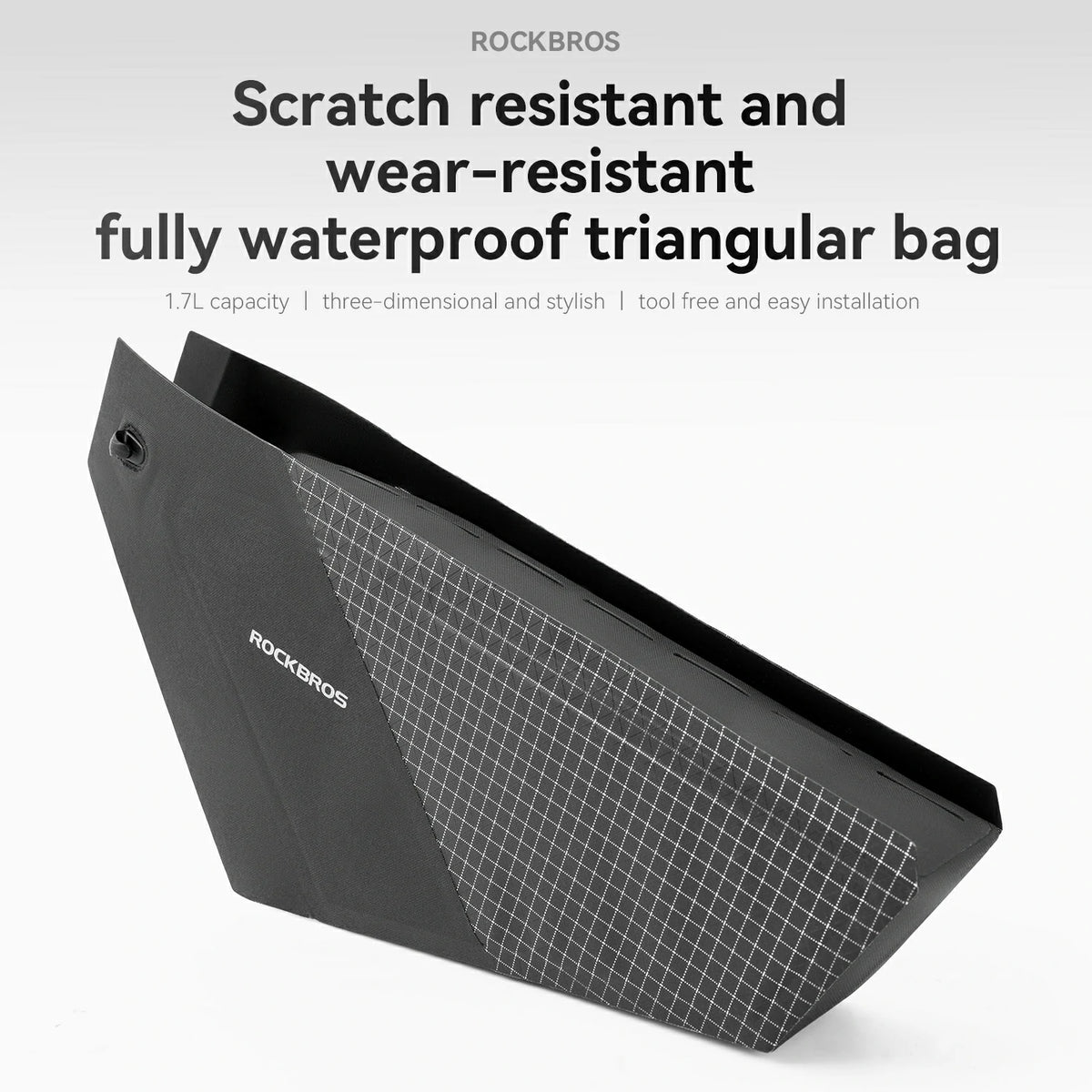 Black triangular bag with grid pattern on a white background, featuring text about its features.