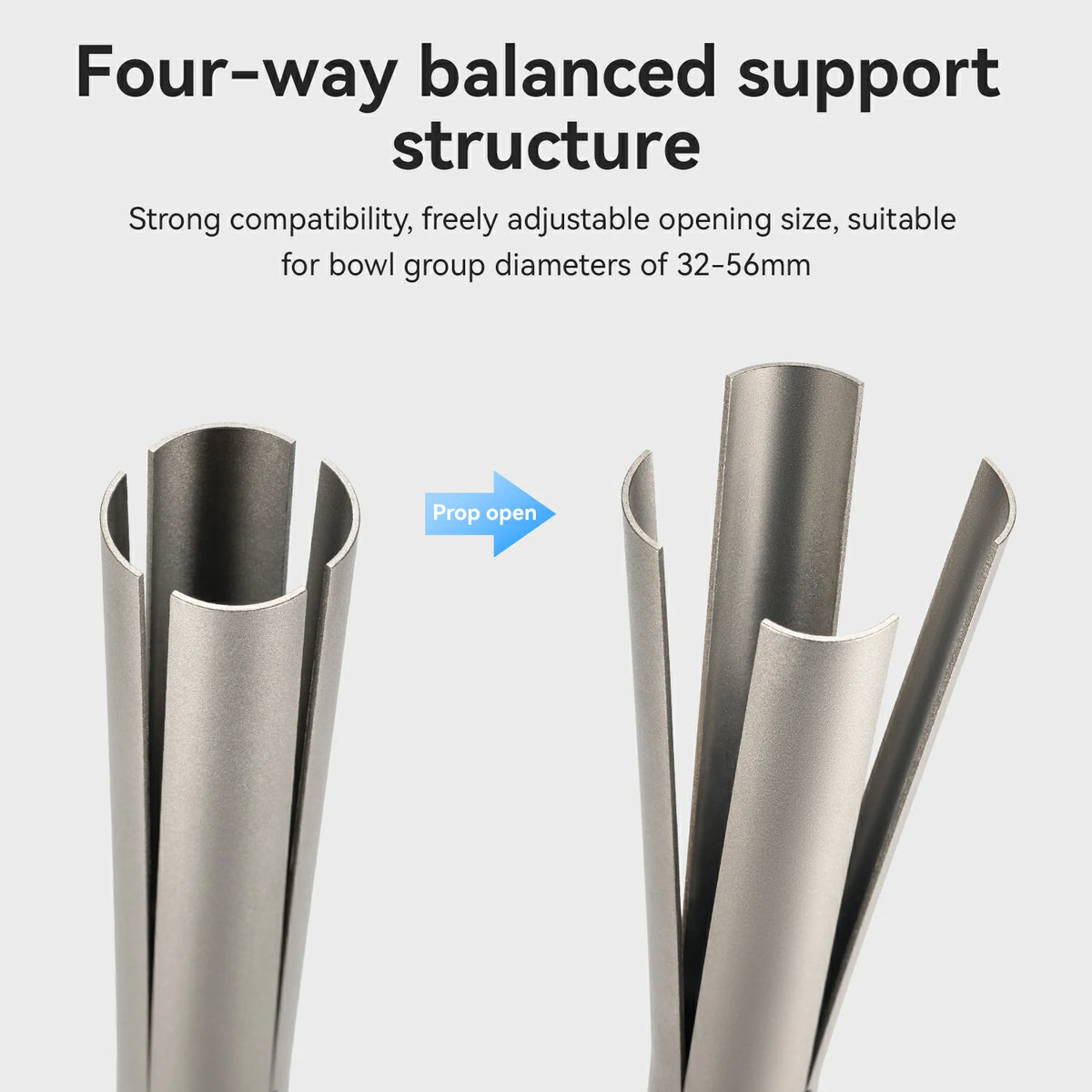 Promotional graphic for a four-way balanced support structure, showing two metallic support arms on a light gray background with explanatory text and a blue arrow labeled 'Prop open' indicating adjustable opening size.
