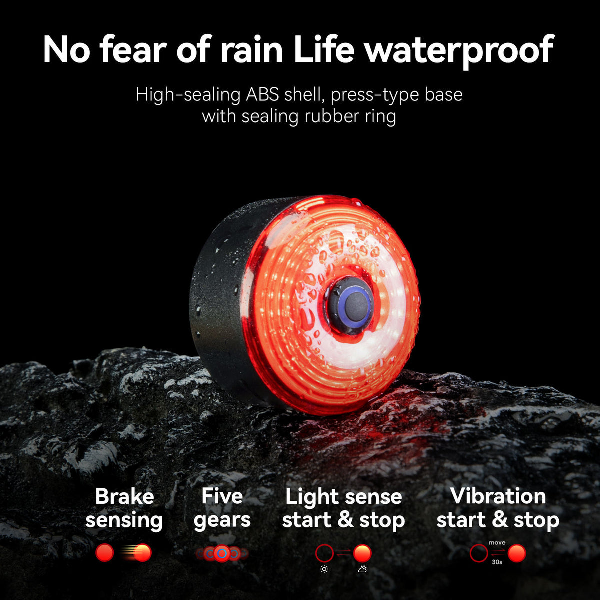 Red light device on a dark surface with text highlighting features on a black background