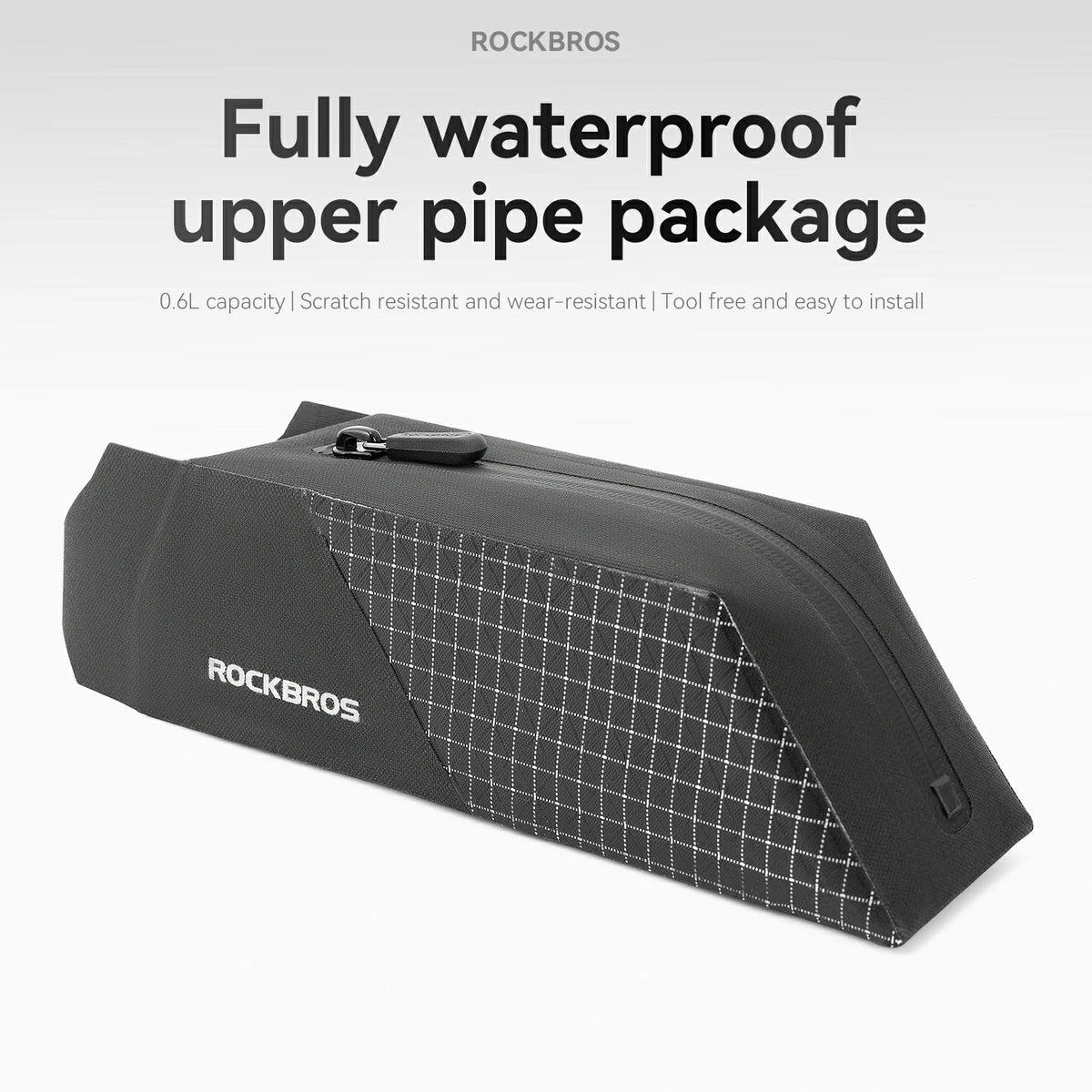 Black waterproof package with grid pattern and 'RockBros' branding on a gray background