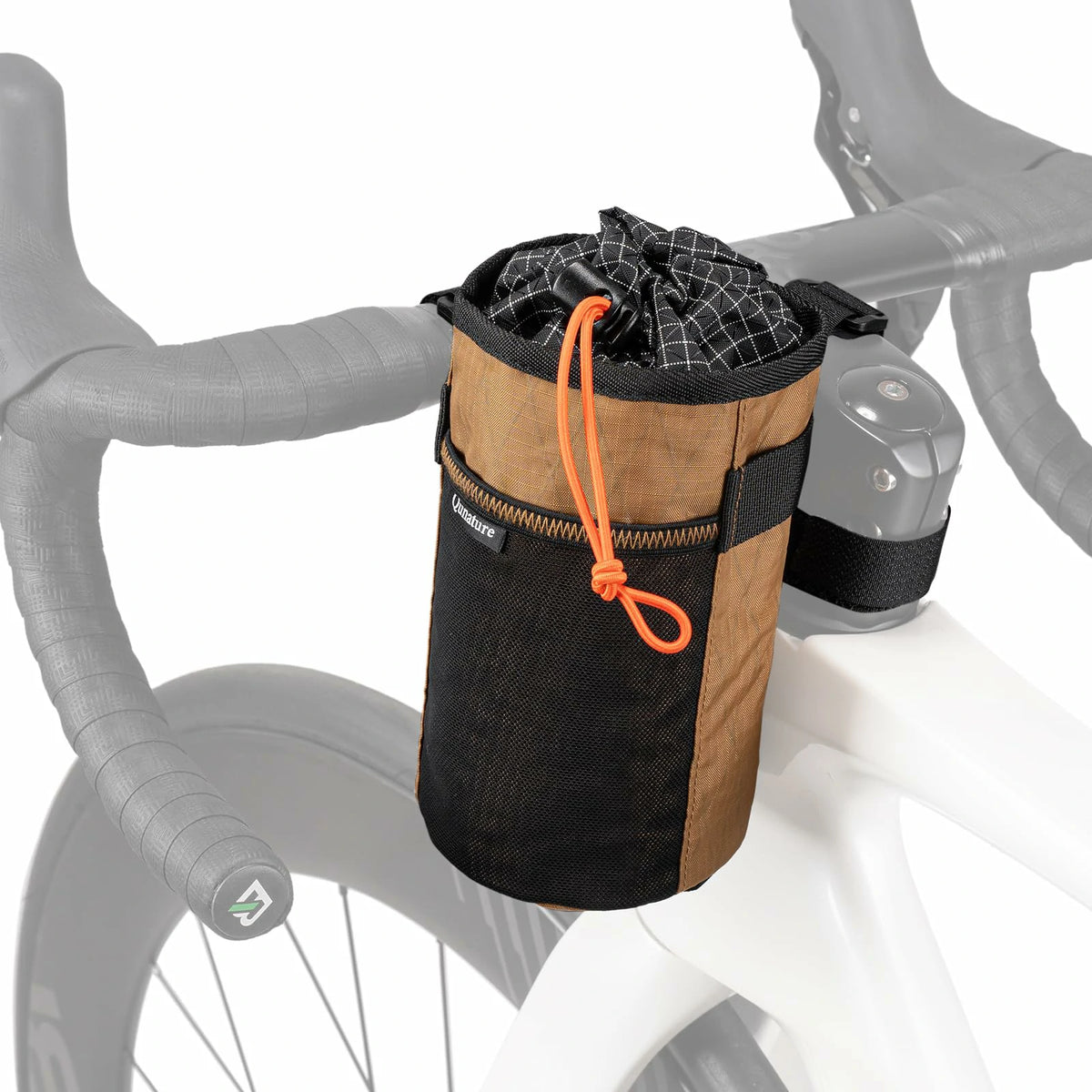 Bicycle handlebar bag with black and brown design on a bike frame #Color_Brown