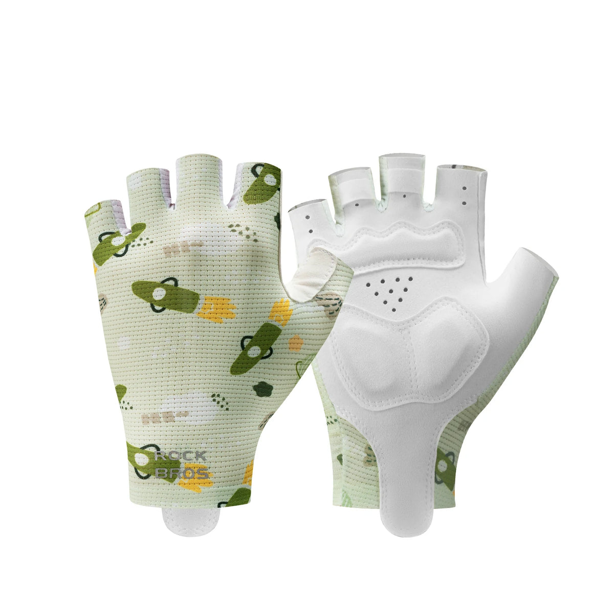 Pair of gloves with green and white design on a white background #Color_Green