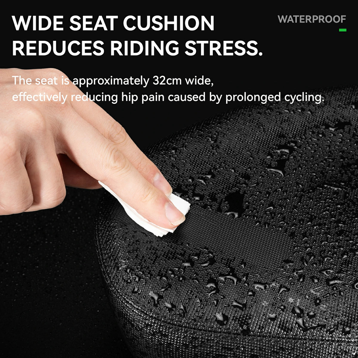Hand wiping a black seat with waterproof feature, text about wide seat cushion benefits.