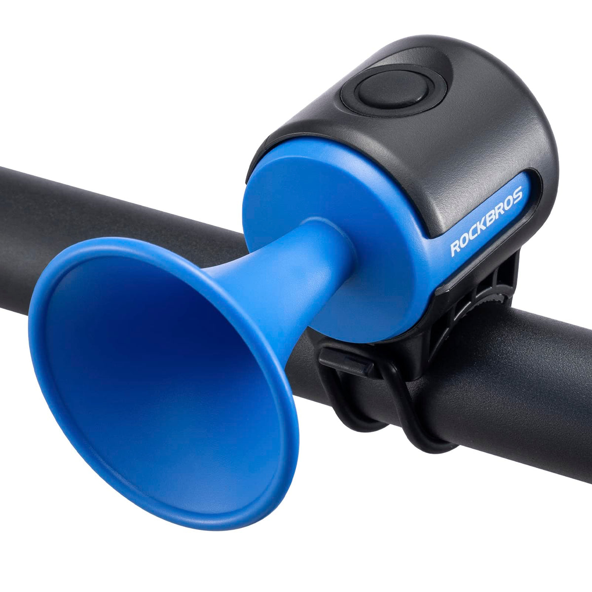 Blue bike horn with black handlebar mount on a white background #color_Blue