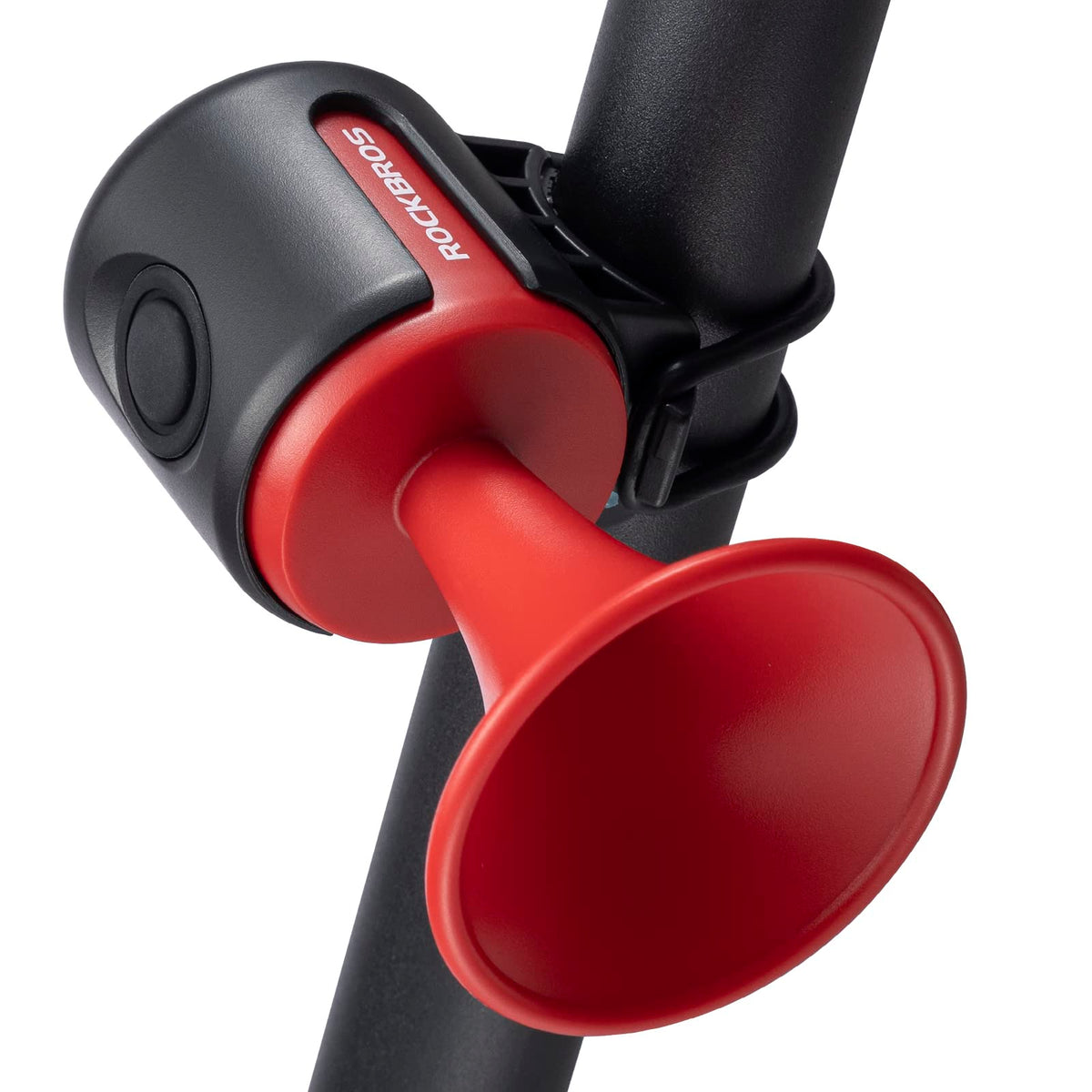Red bicycle horn with black casing on a white background #color_Red
