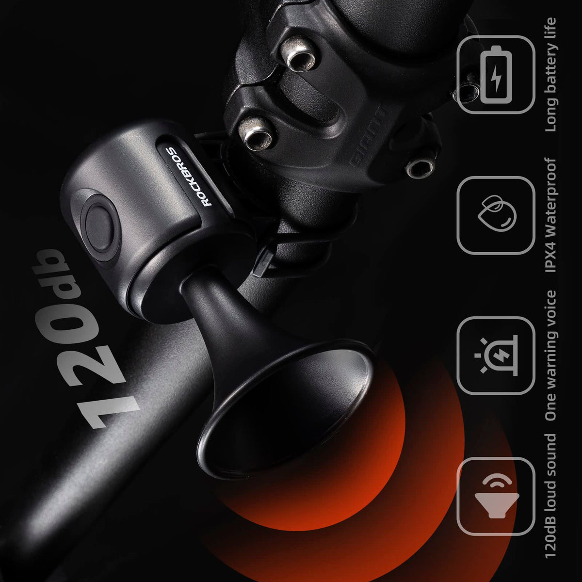 Bicycle horn with 120dB label and brand name on a dark background