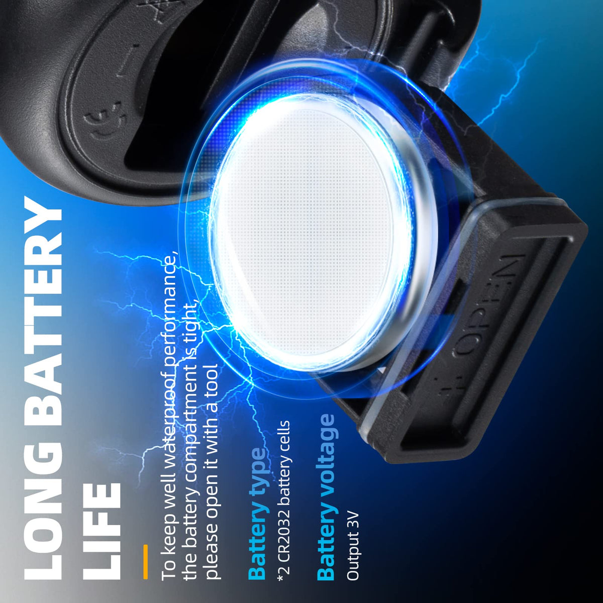 Battery compartment with CR2032 battery cells and text about long battery life on a blue background