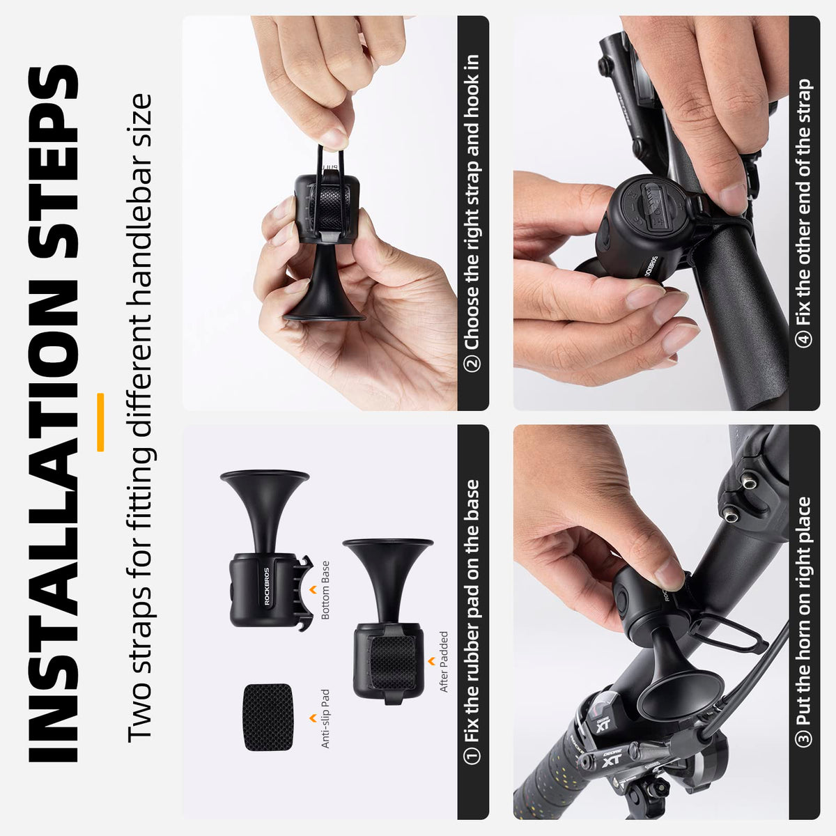 Step-by-step installation guide for a bike horn with straps on a white background